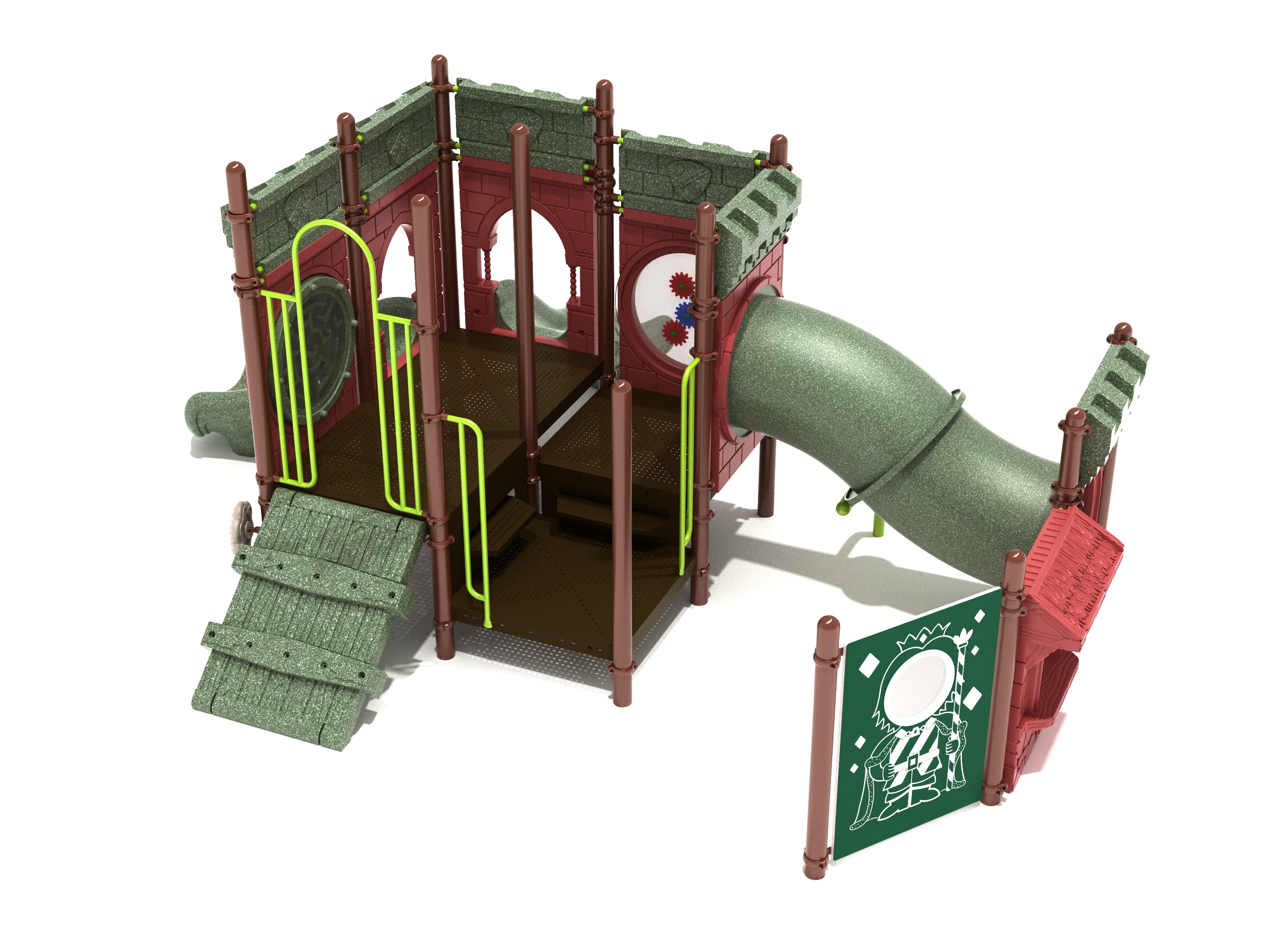 Barley Break Playground with castle-themed panels, crawl tube slide, climbing ramp, and interactive play features