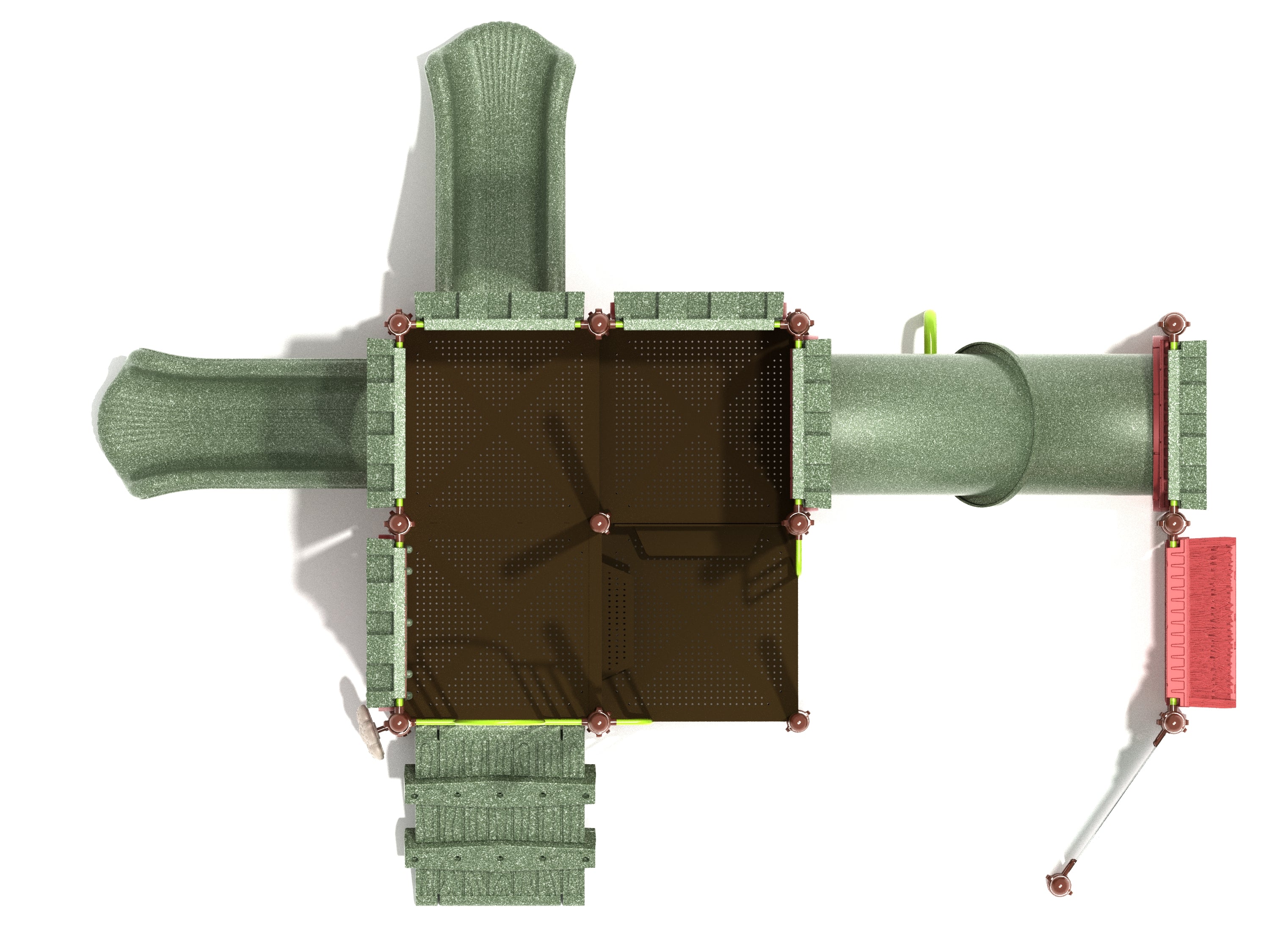 Overhead view of a green and brown castle-themed playground with slides, crawl tube, and drawbridge climber for early childhood play