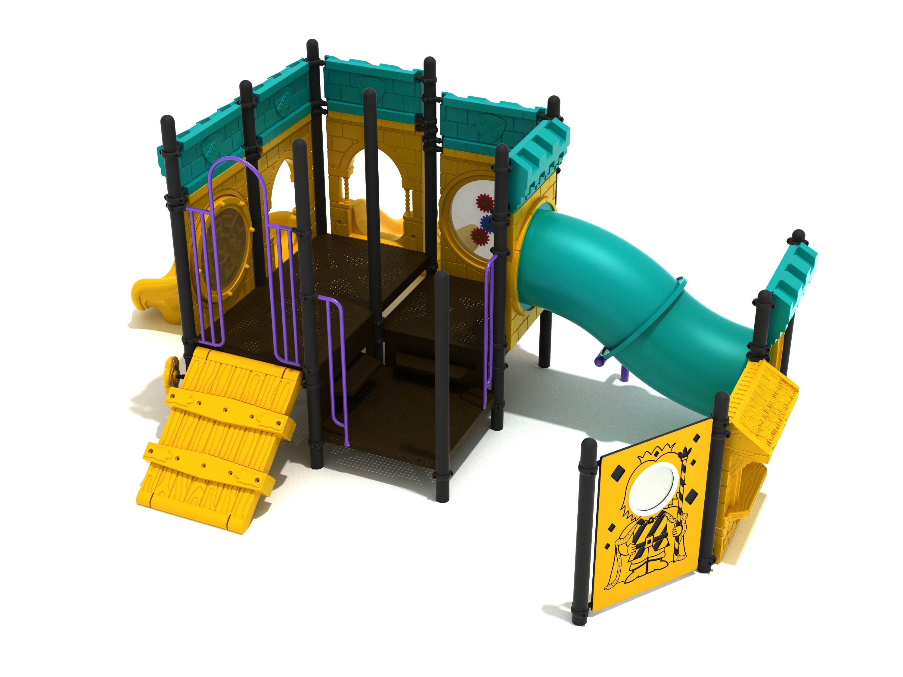 Colorful castle-themed playground with climbing ramp, curved tube slide, and interactive play panels for children