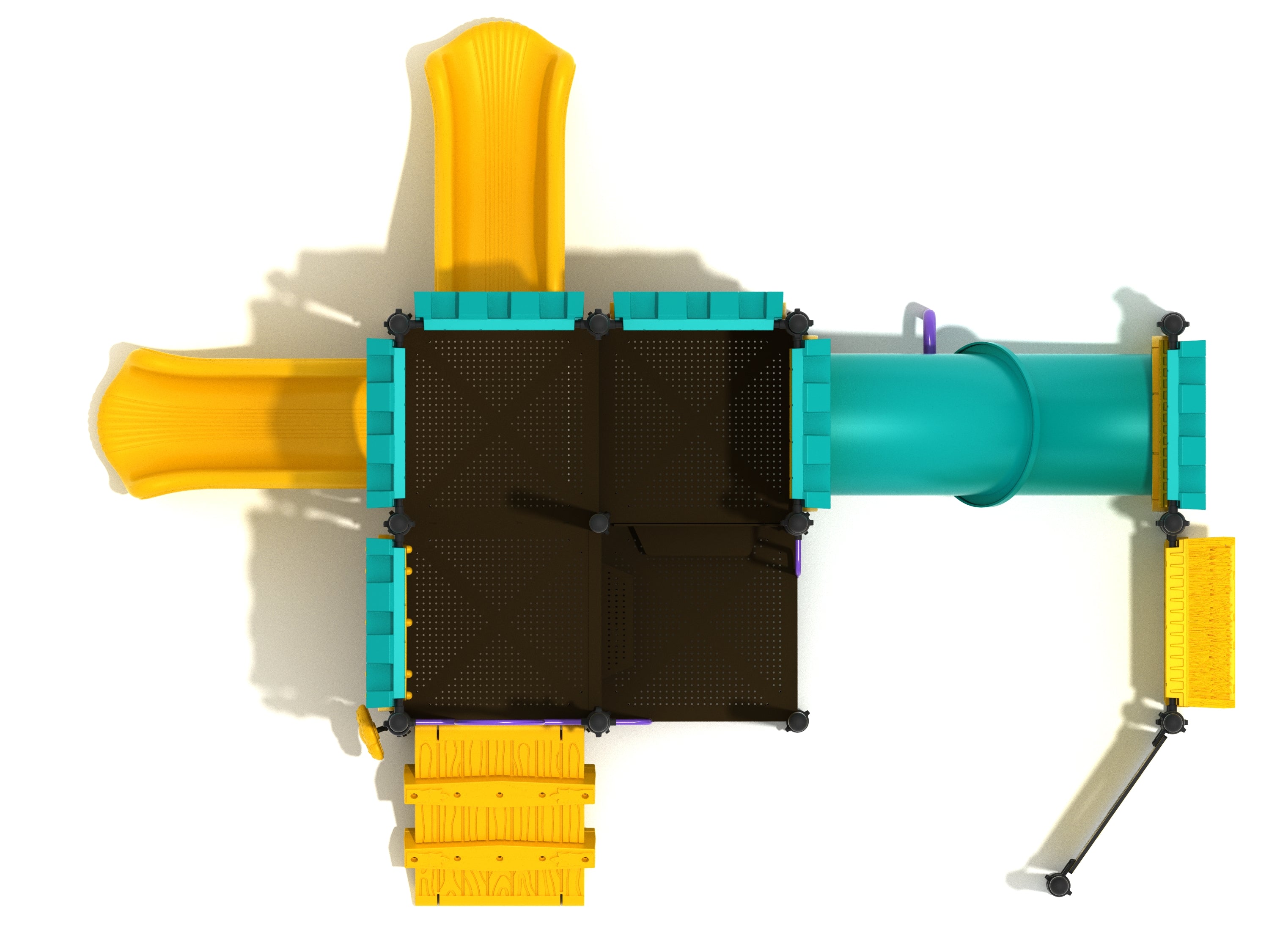 Overhead view of colorful playground with yellow slides, teal crawl tube, and yellow climbing ramp in a castle-themed play structure