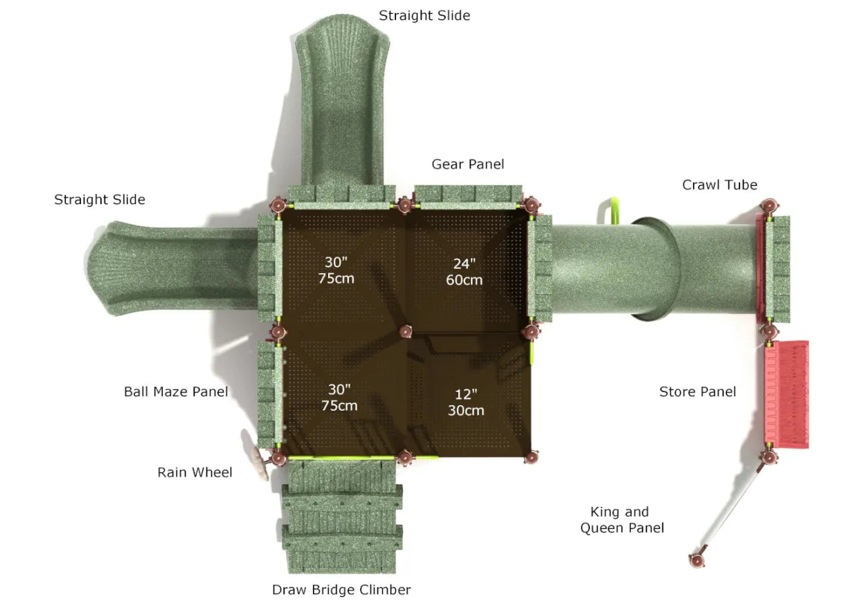 Overhead view of green playground with slides, crawl tube, rain wheel, gear and ball maze panels, and climber