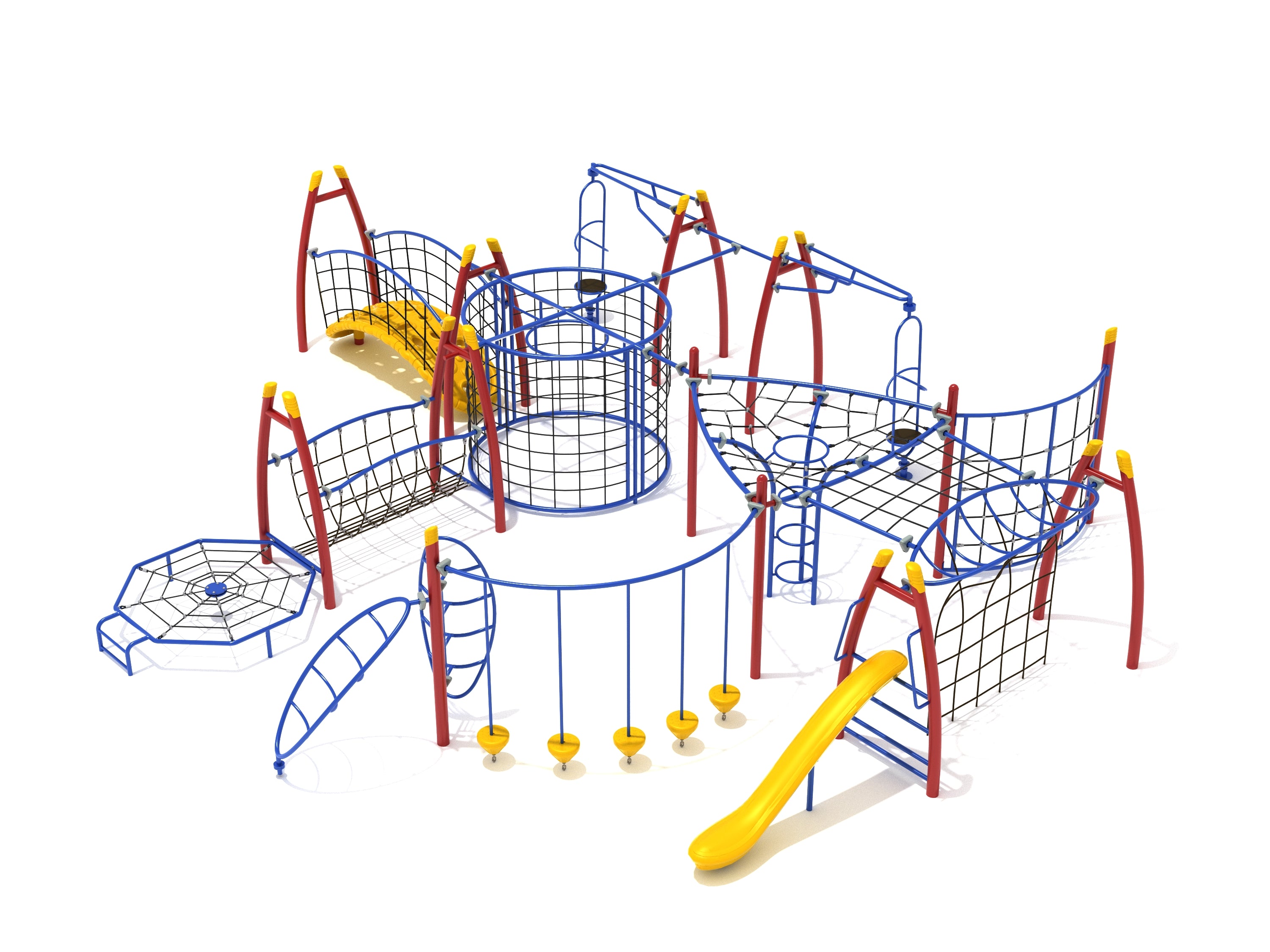 Colorful playground obstacle course with climbing nets, rope bridges, spinners, and a yellow slide