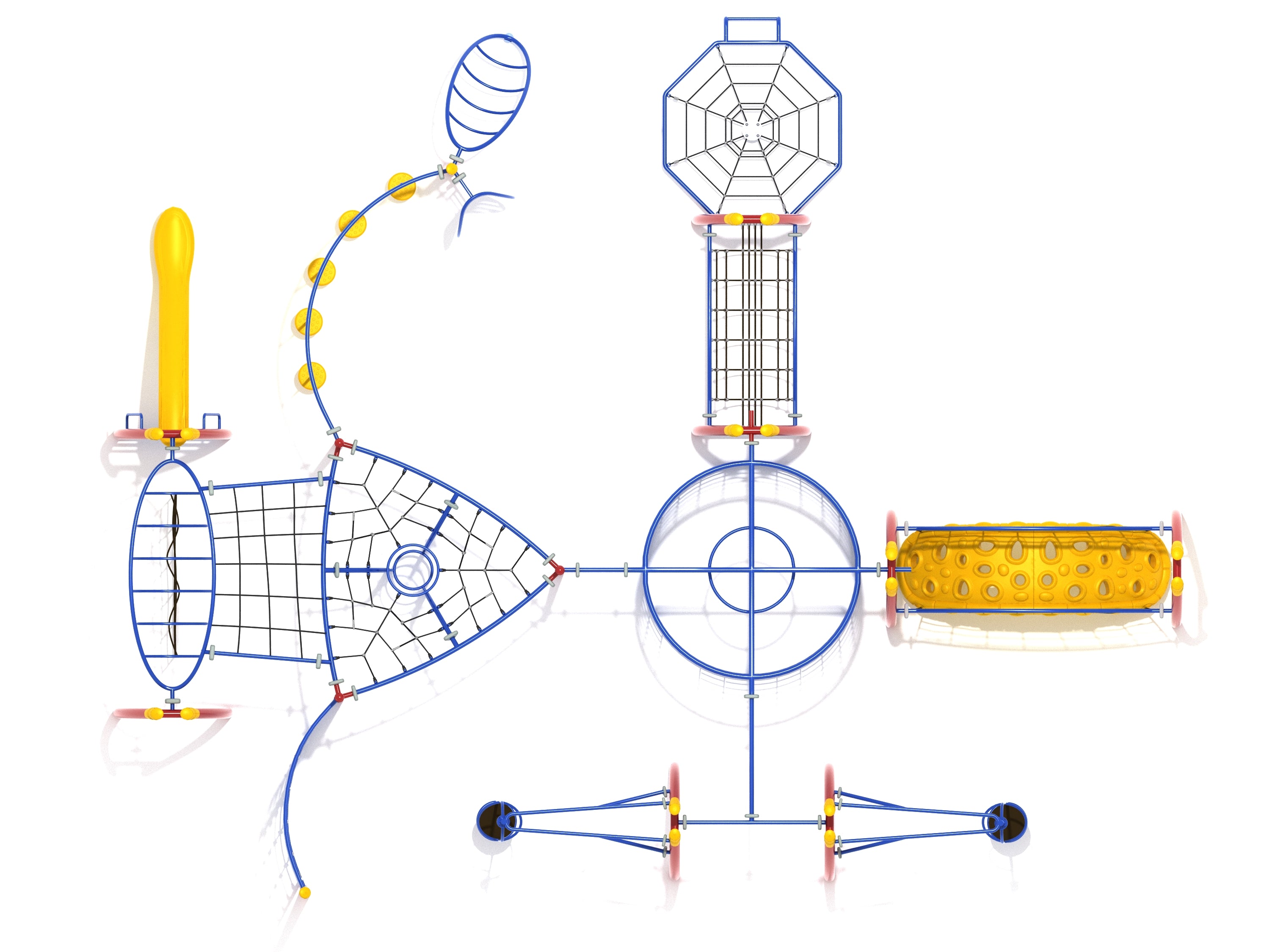 Overhead view of colorful playground obstacle course with climbing nets, rope bridges, spinners, and a blue and yellow slide