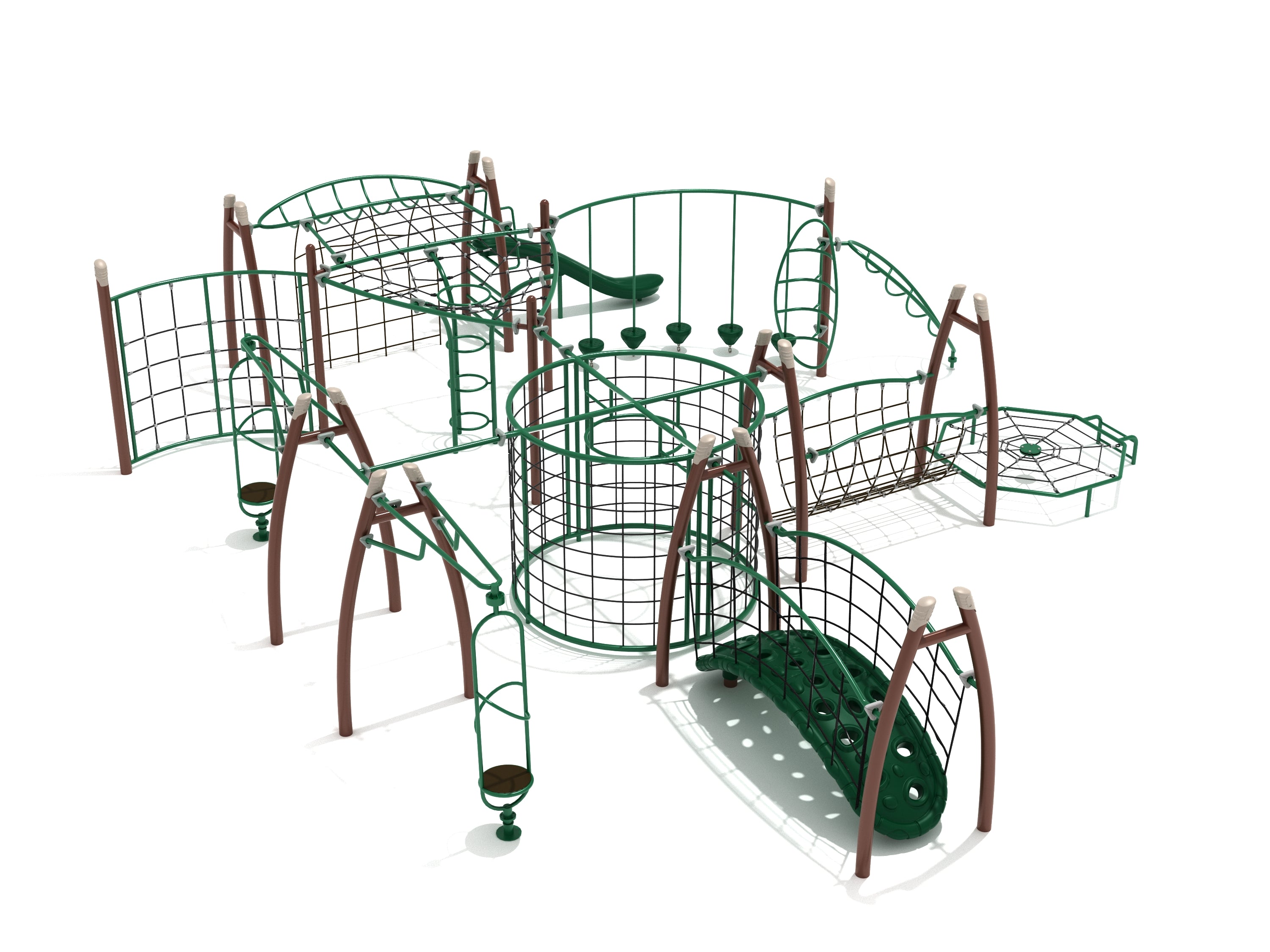 Green and brown playground obstacle course with climbing nets, rope bridges, spinners, and a slide for active play
