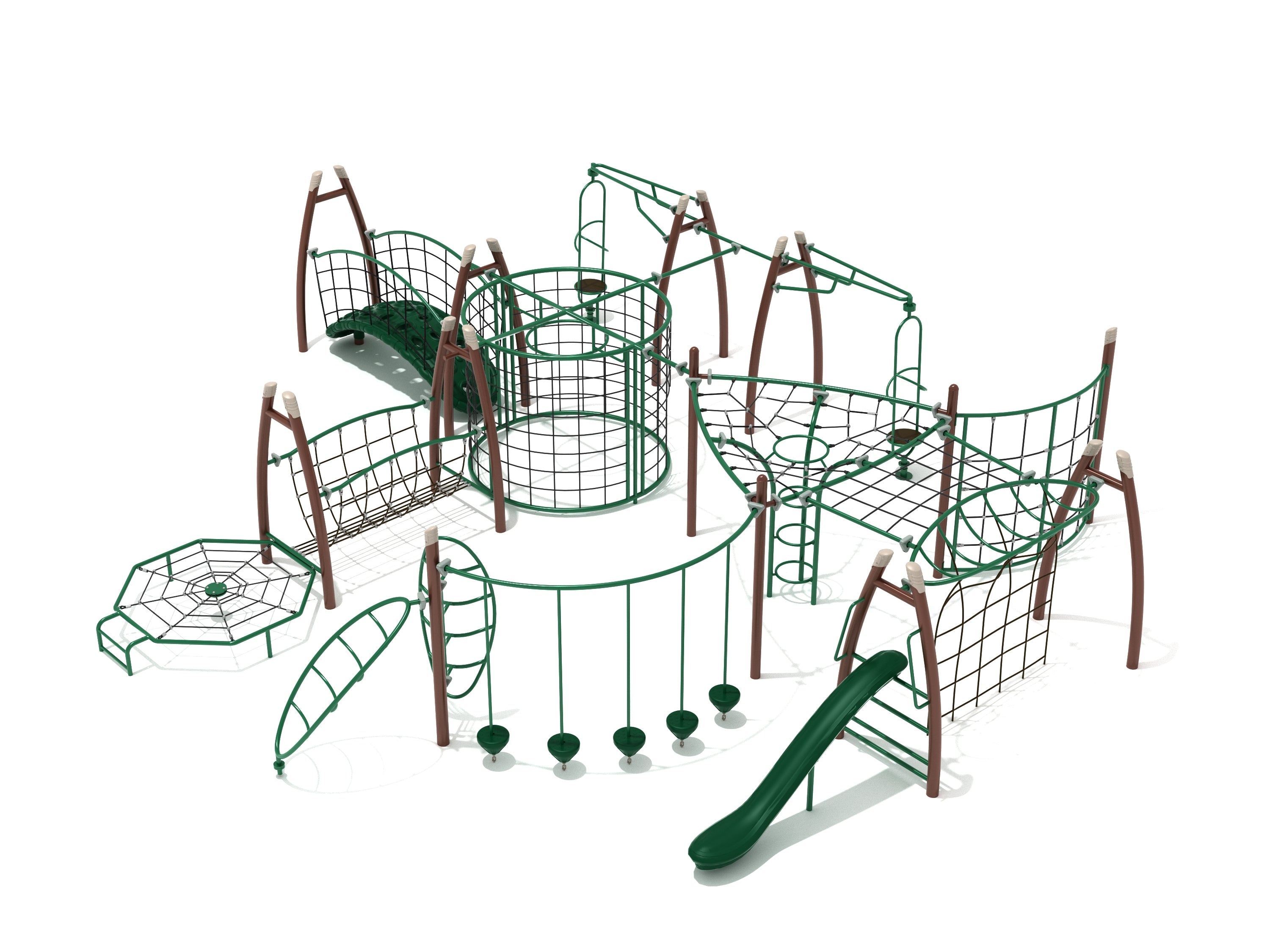 Green and brown playground obstacle course with climbing nets, rope bridges, spinners, and a slide for active play