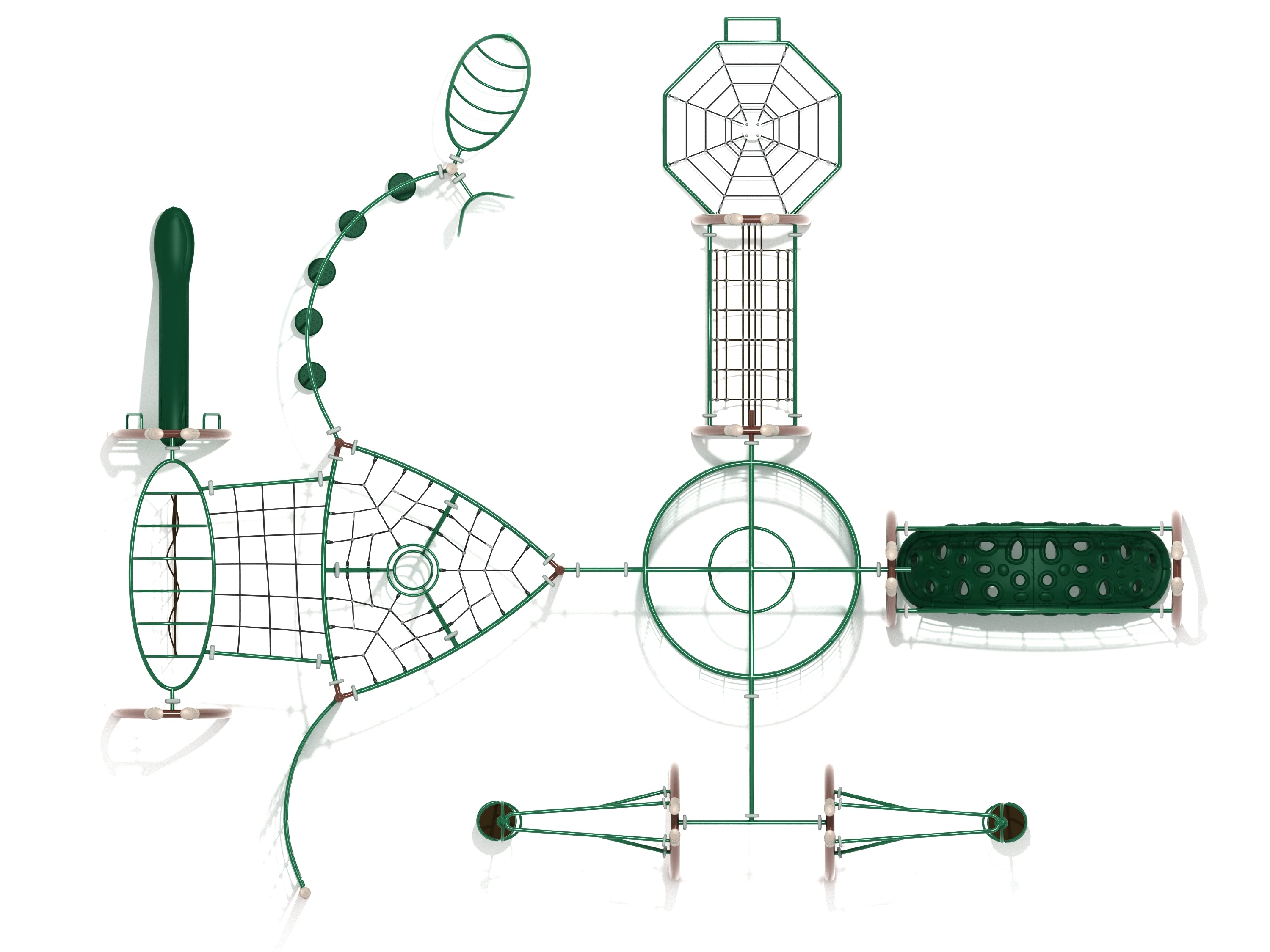 Overhead view of a green obstacle course playground with climbing nets, rope bridges, tunnels, and spinning play elements