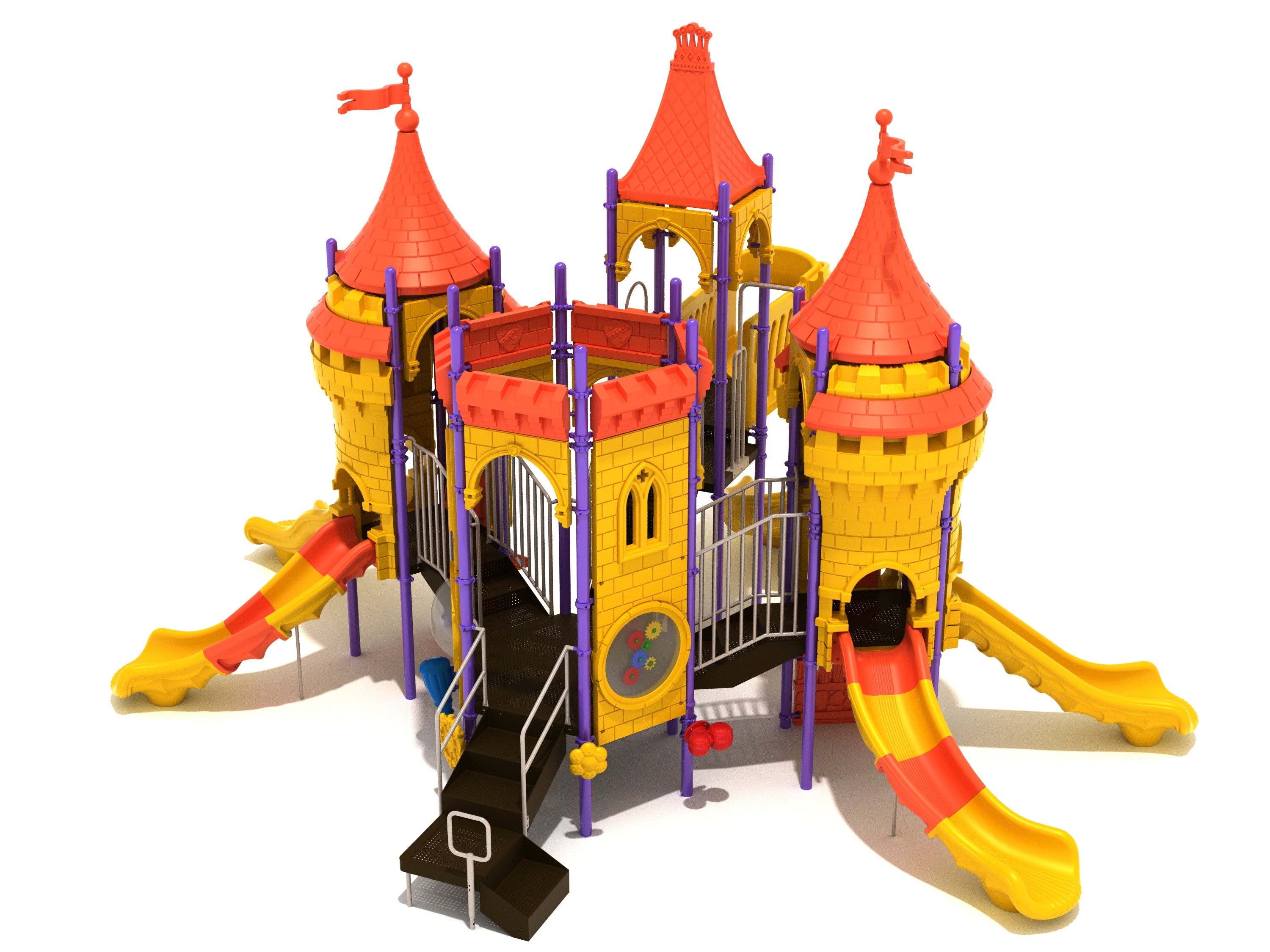 Castle-themed playground with red and yellow slides, purple supports, turret towers, and interactive play panels.