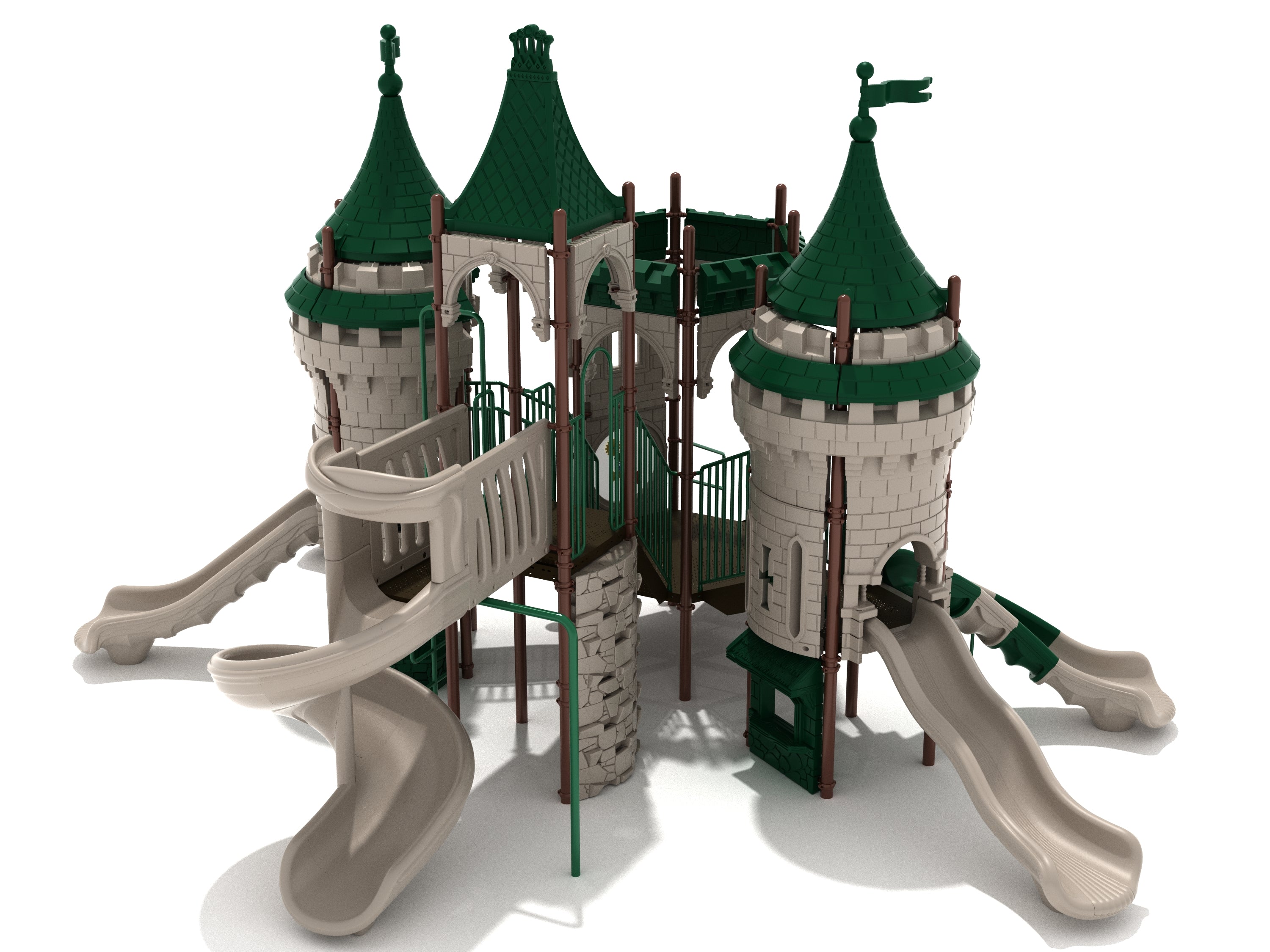 Castle-themed playground with green turret roofs, beige slides, climbing walls, and interactive play panels for imaginative outdoor fun
