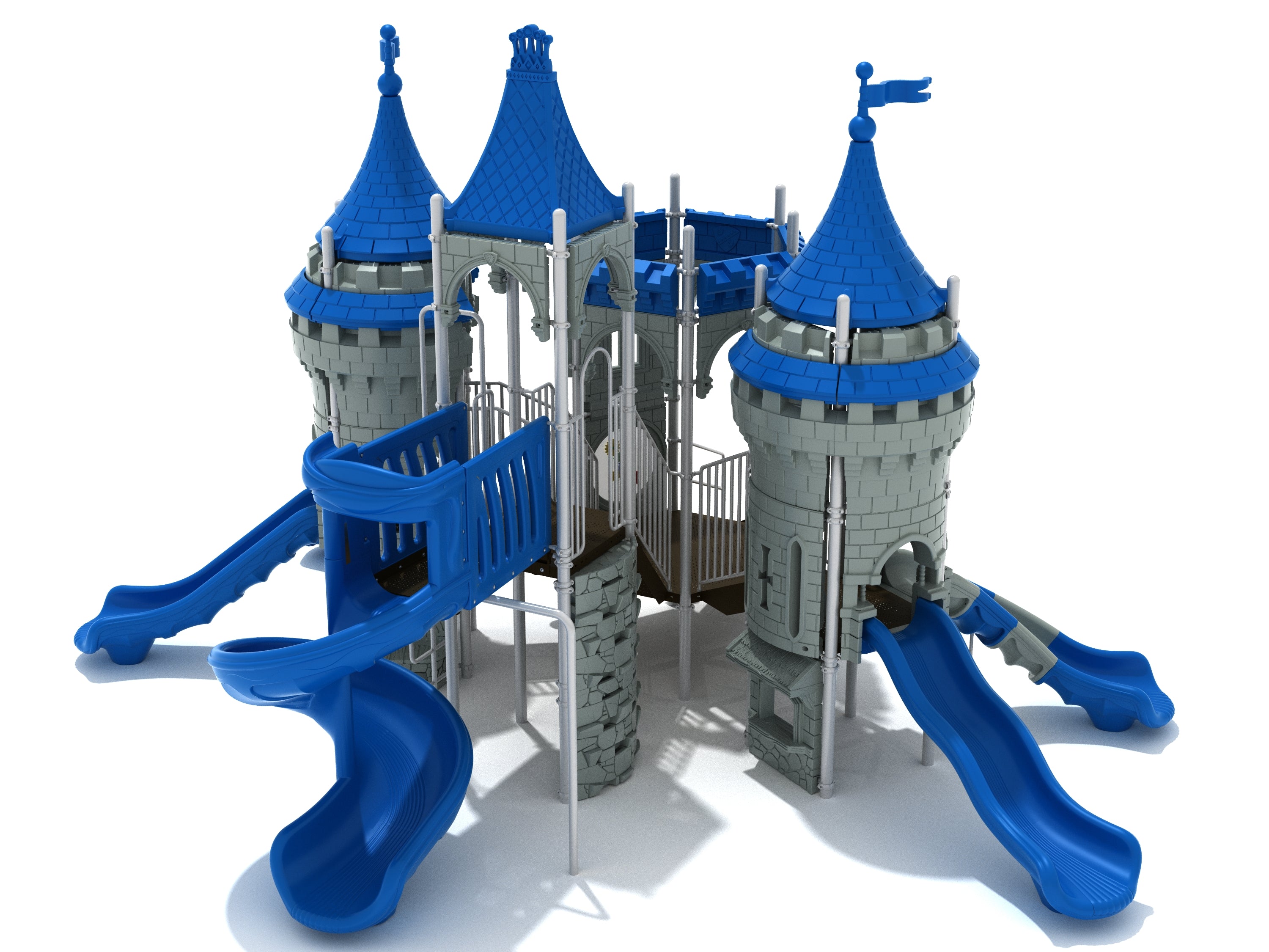 Castle-themed playground with blue slides, turrets, climbing walls, connecting bridges, and interactive play panels