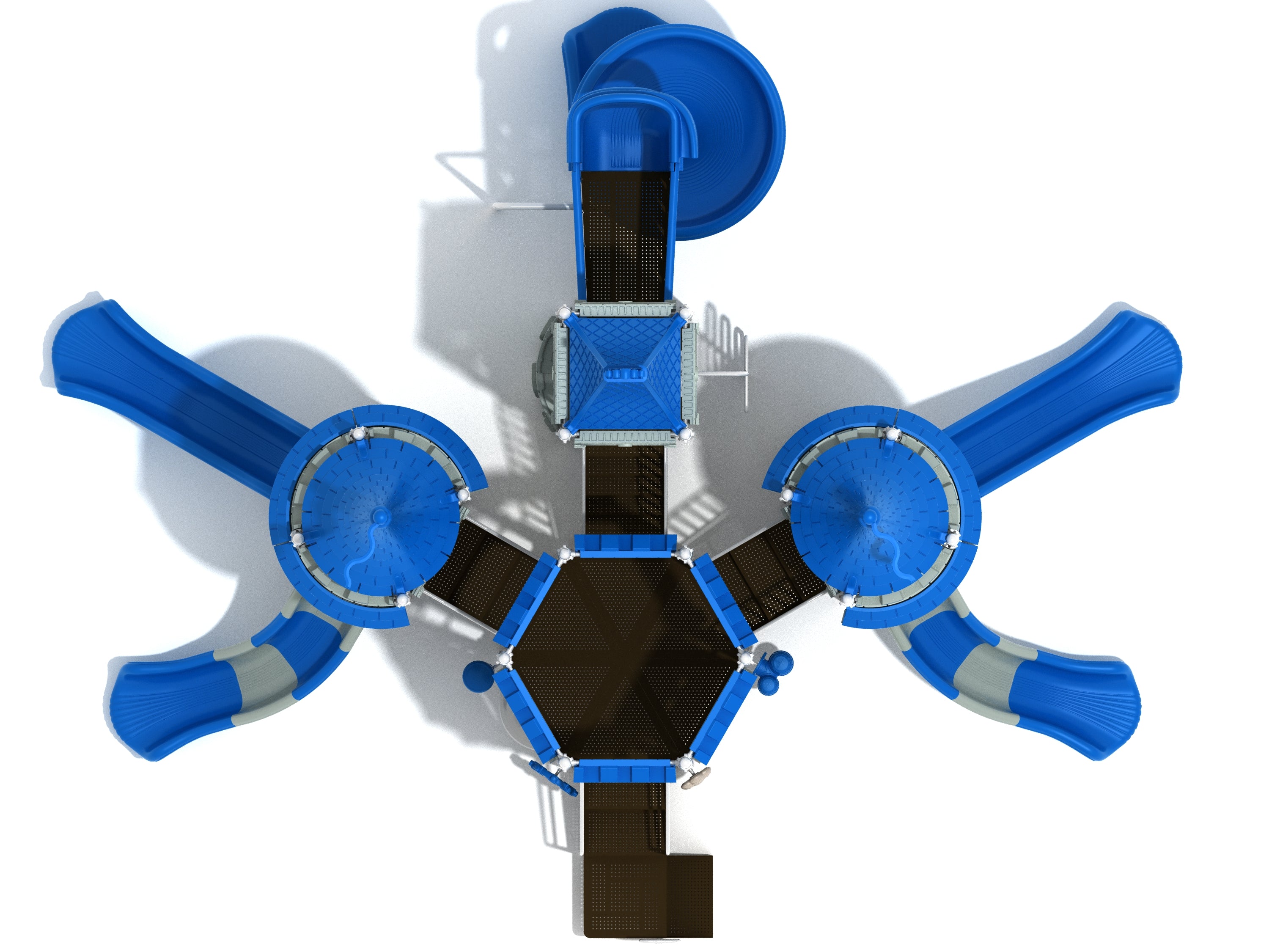 Overhead view of a large blue castle-themed playground with multiple slides, connecting platforms, climbers, and interactive play panels