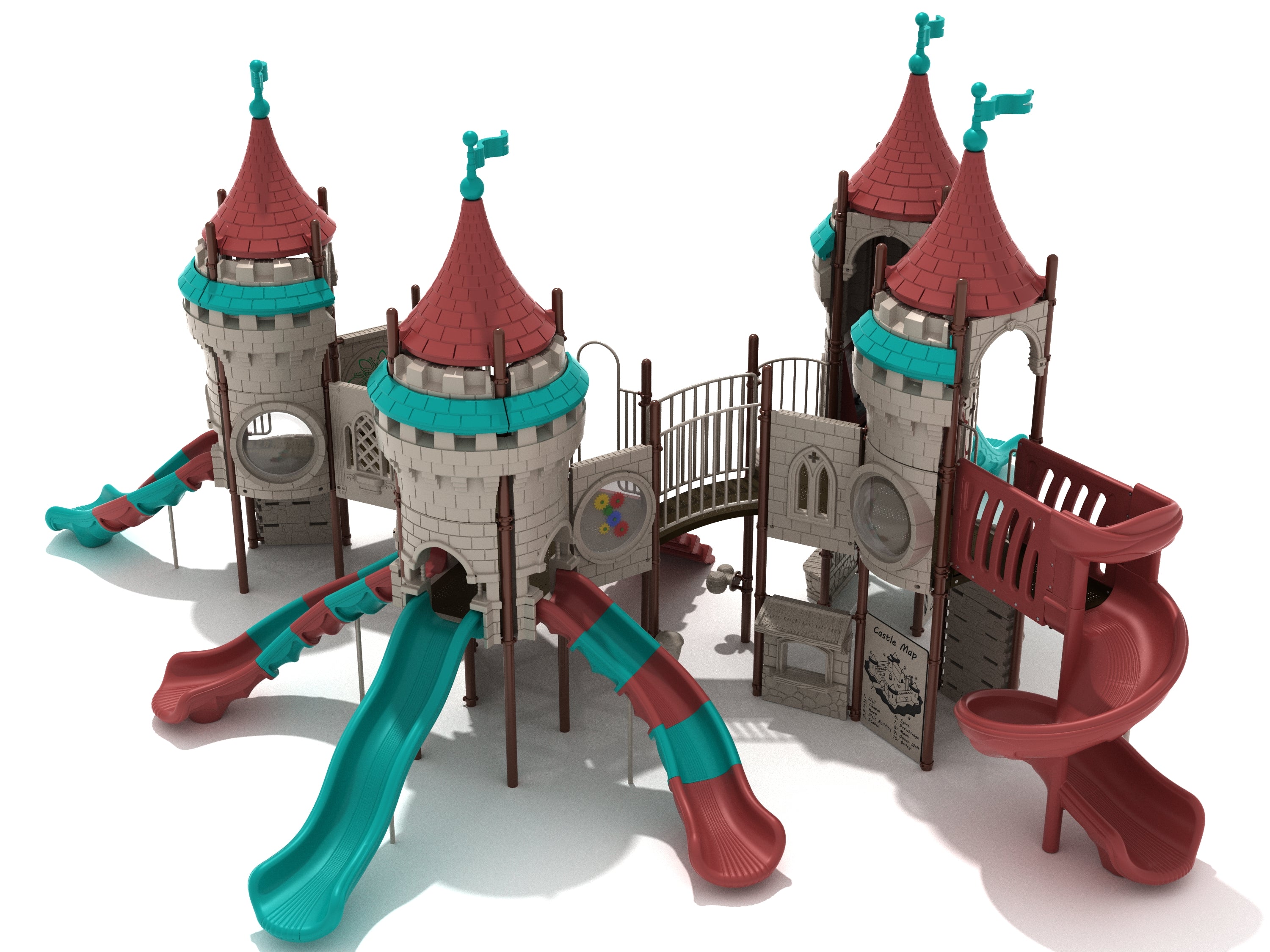 Castle-themed commercial playground with multiple towers, spiral and wave slides, climbers, interactive panels, and musical play elements