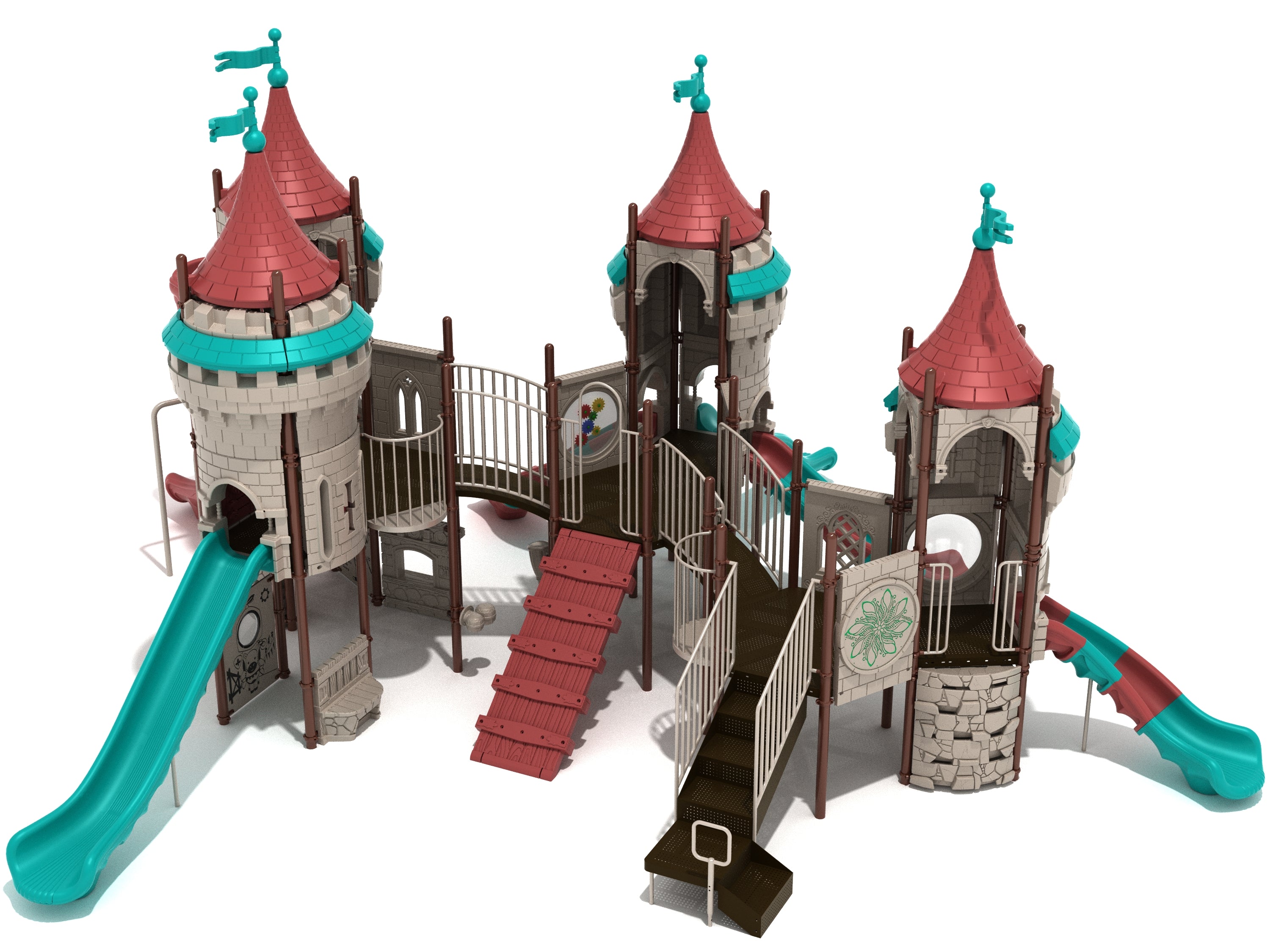Castle-themed playground with red turret roofs, teal slides, climbing ramps, bridges, and interactive play panels