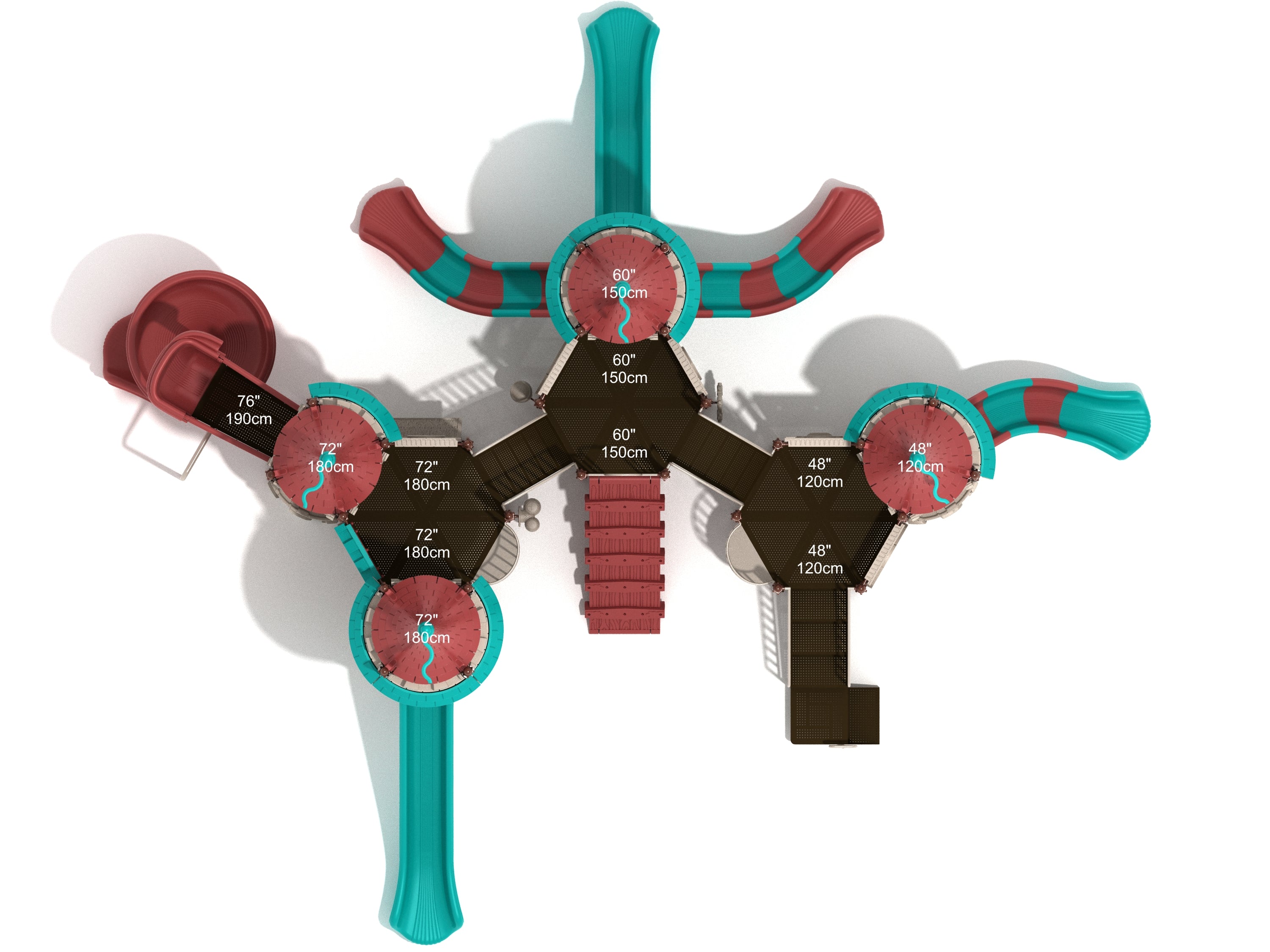 Overhead view of a large commercial playground with multiple teal and red towers, slides, climbers, and interactive panels