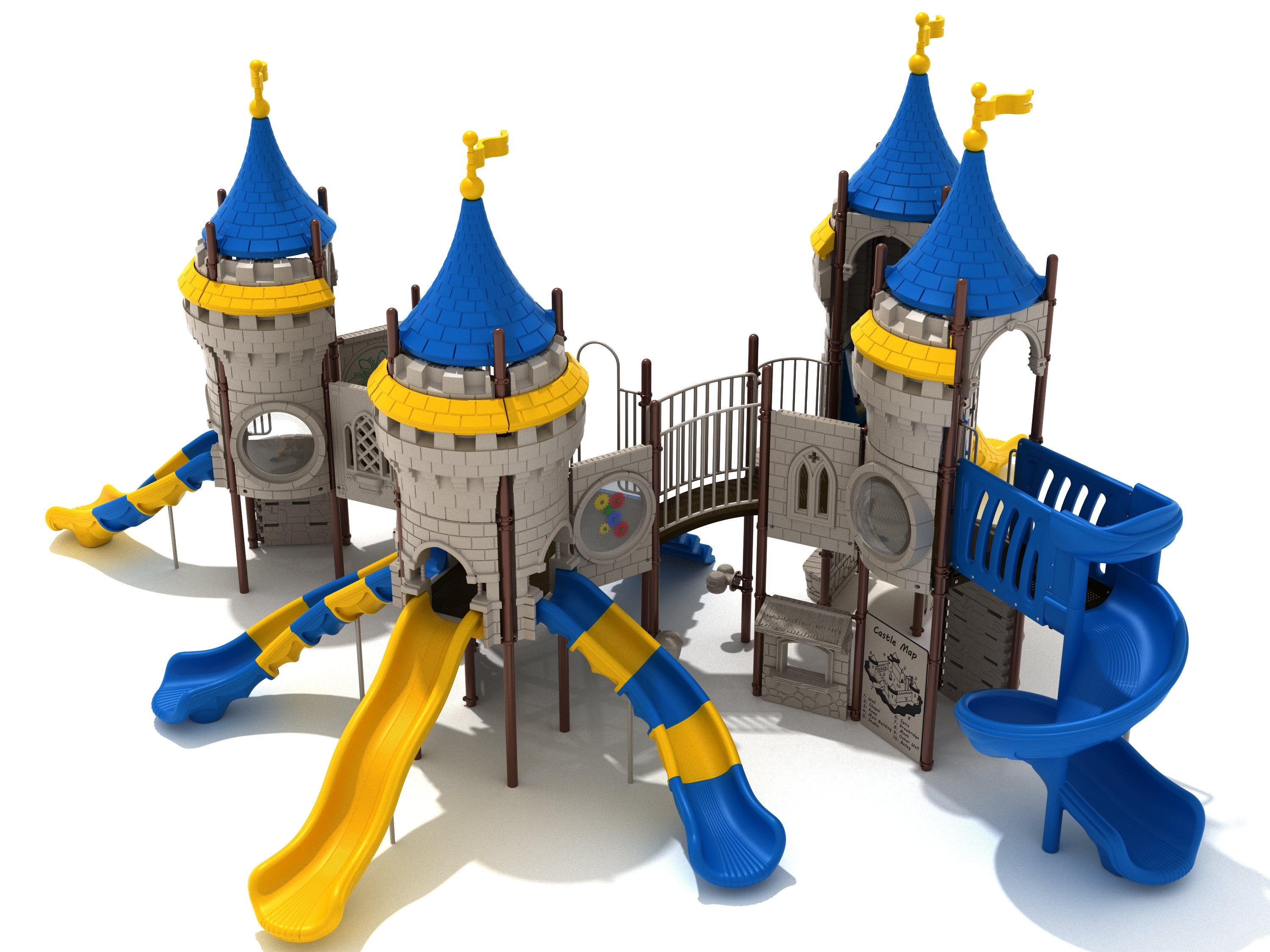 Legend of Lancelot Playground with castle towers, blue and yellow wave, spiral, and turning slides, interactive play panels, and musical drums