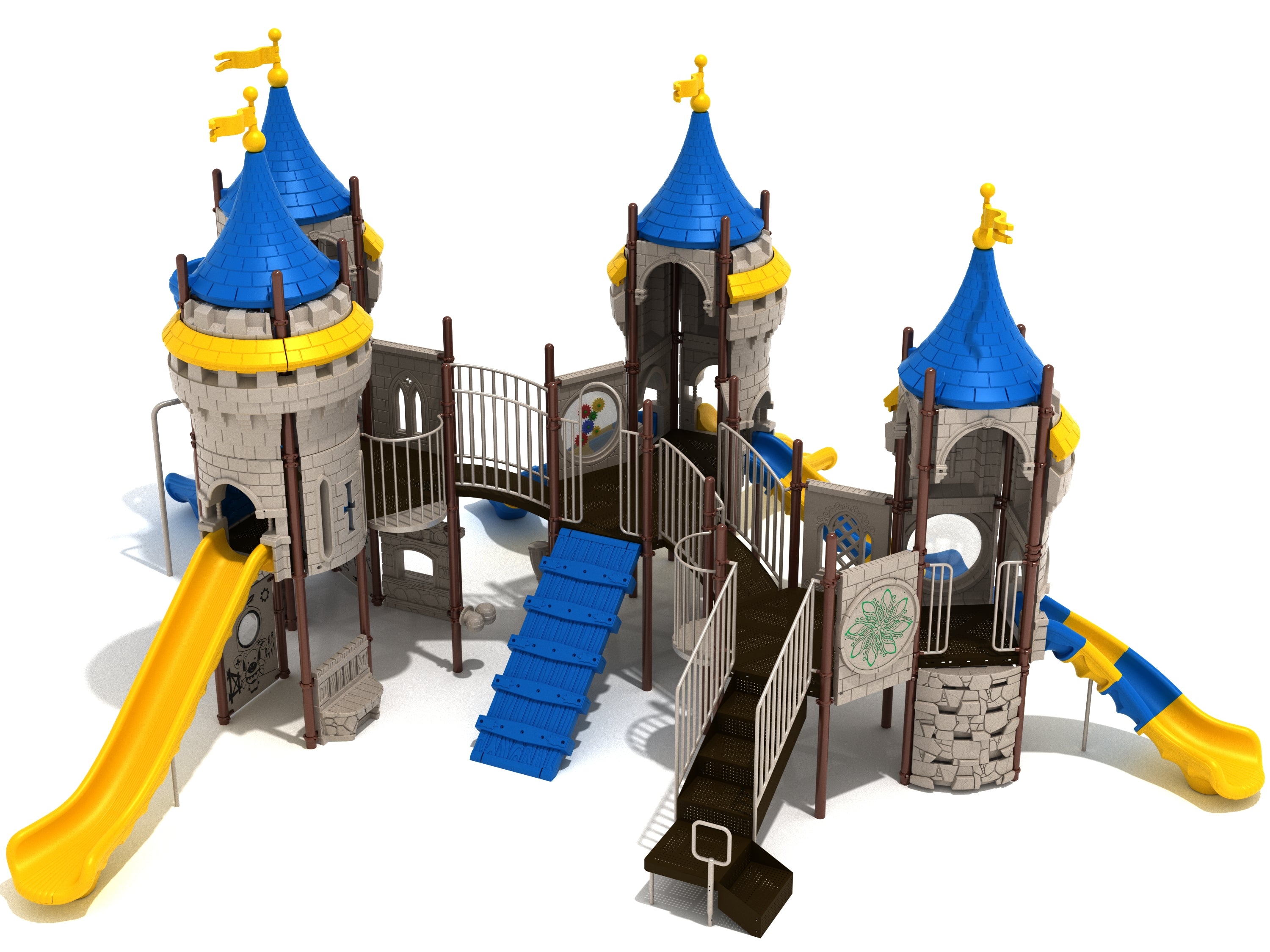 Castle-themed playground with blue turret roofs, yellow slides, climbing ramps, interactive panels, and musical play elements