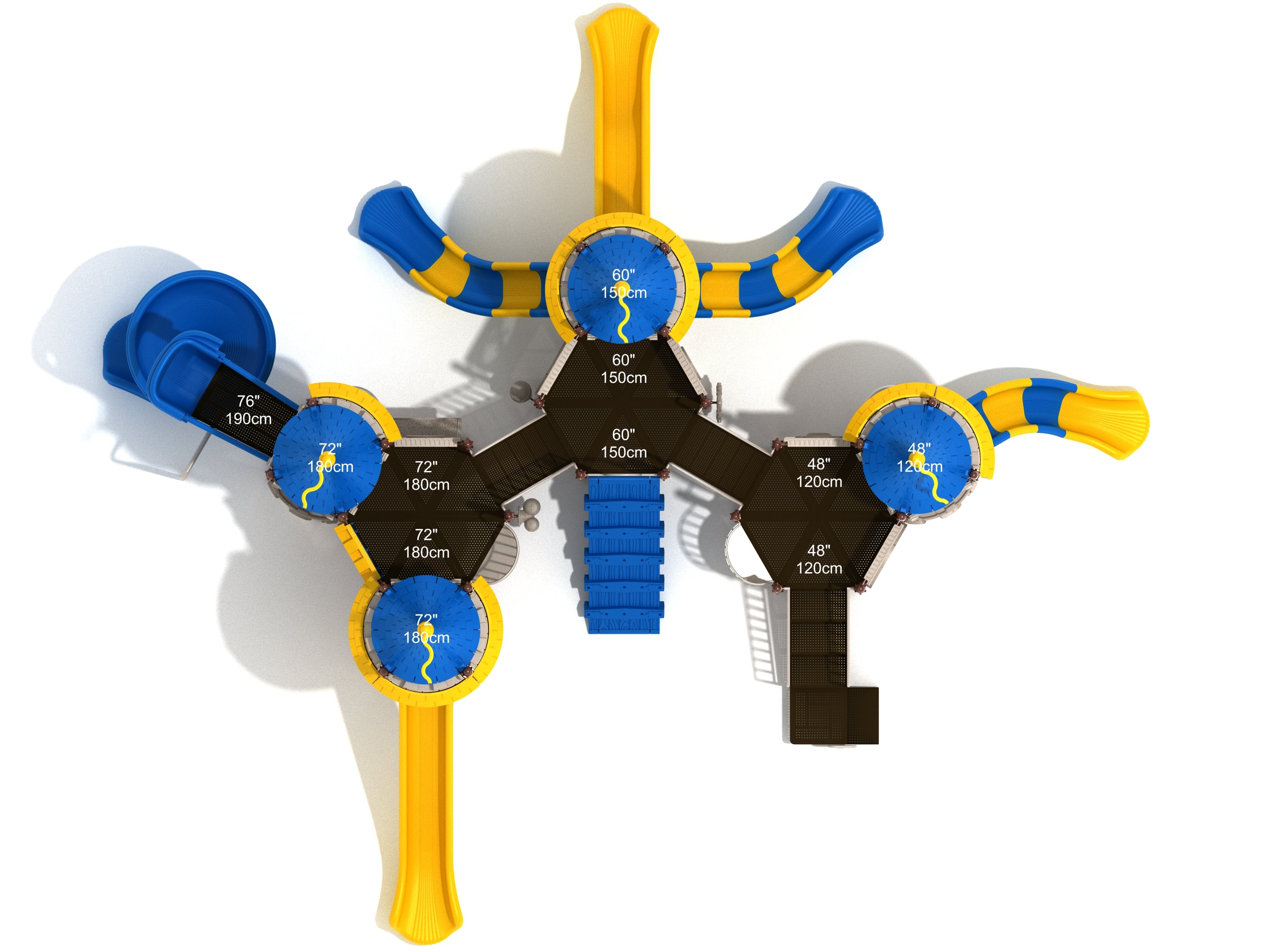 Overhead view of a large commercial playground with blue and yellow slides, multiple castle-themed towers, connecting platforms, climbers, and interactive play panels