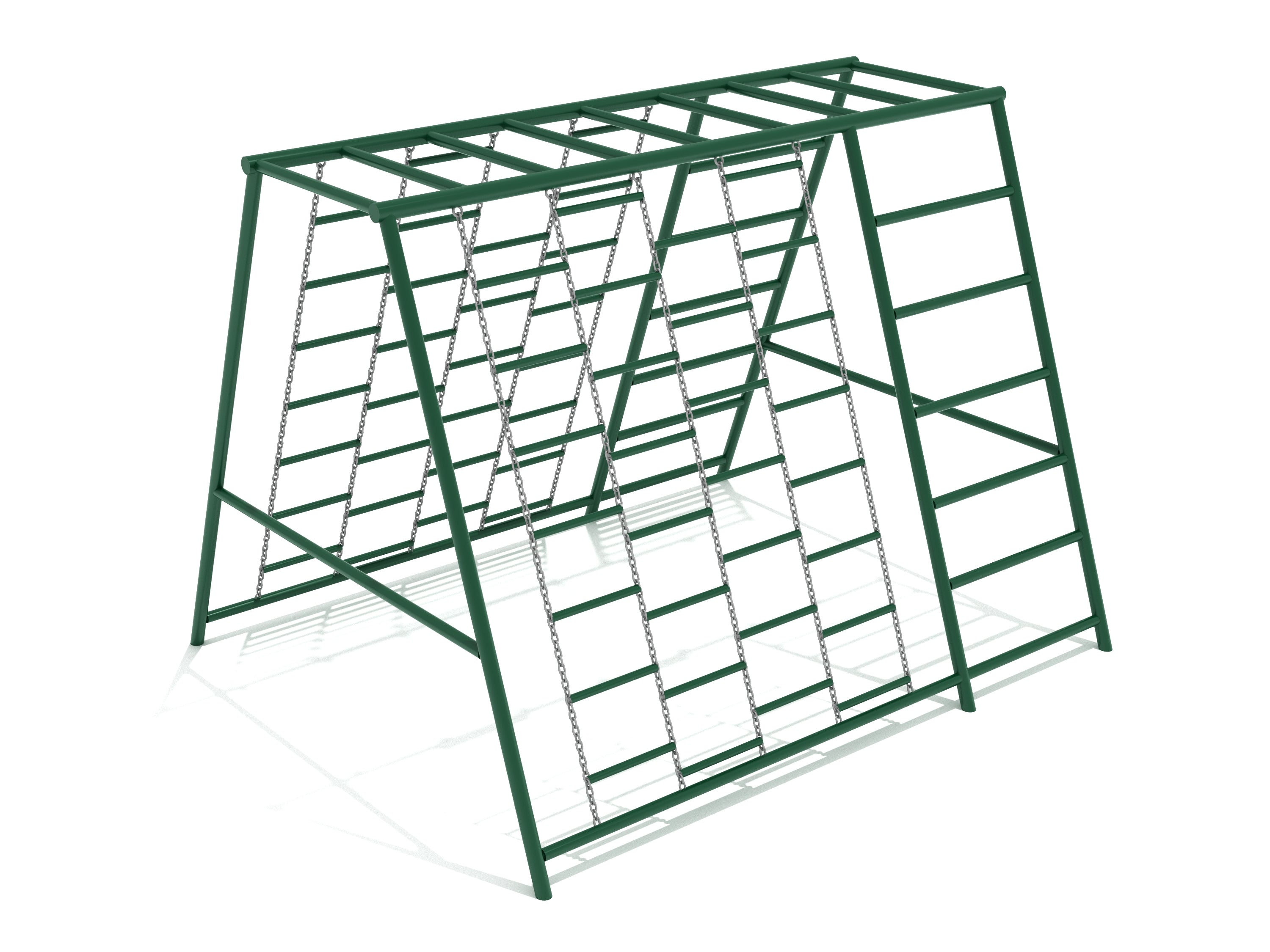 Green A-frame climbing structure with chain ladders, overhead bars, and metal rungs for playground activity