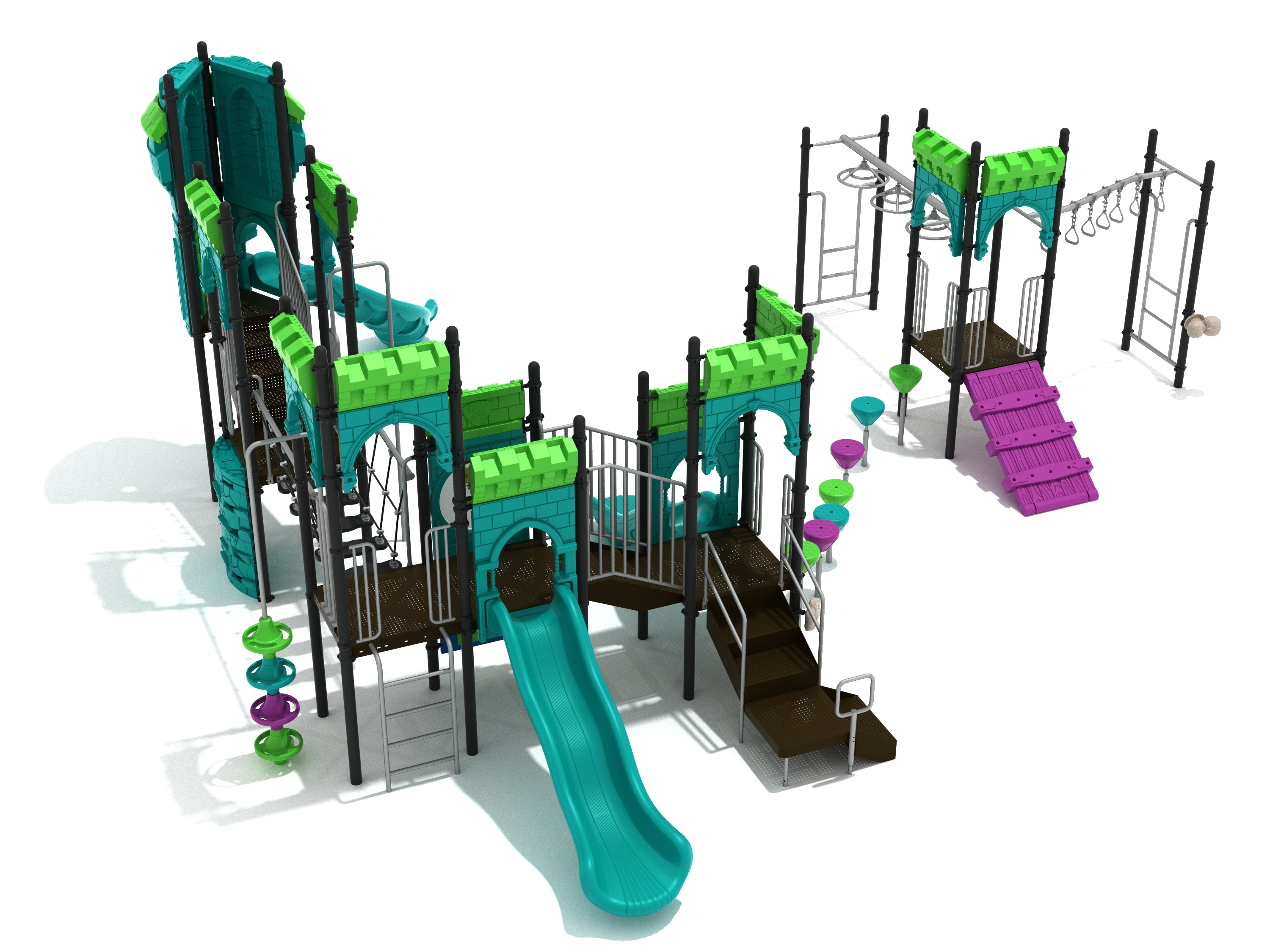 Raiding Wreckage Playground large play system with castle-themed towers, slides, climbers, suspension bridge, and colorful activity panels