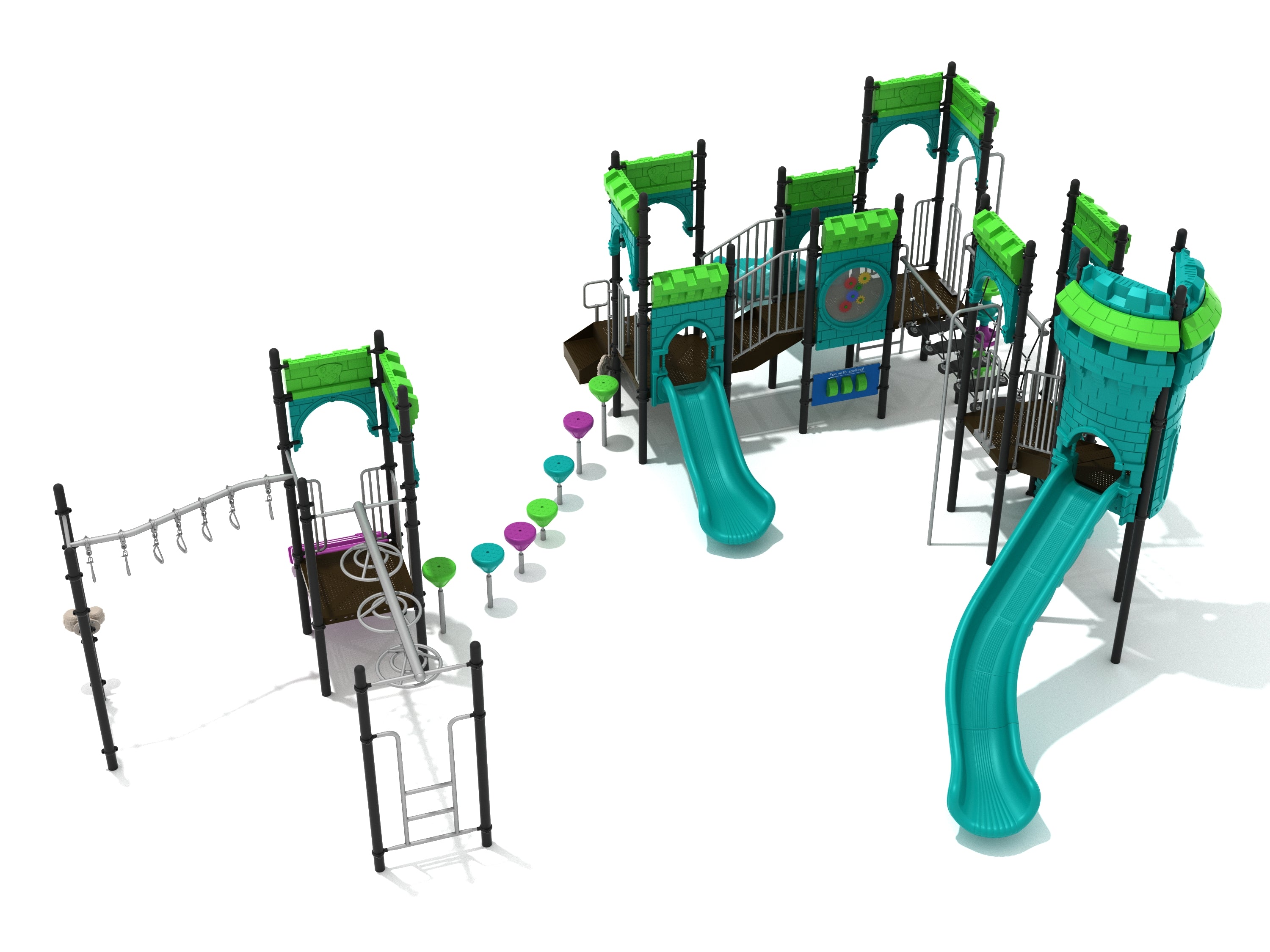 Castle-themed playground with slides, suspension bridge, climbing rings, stepping pods, and interactive panels in green and teal colors.