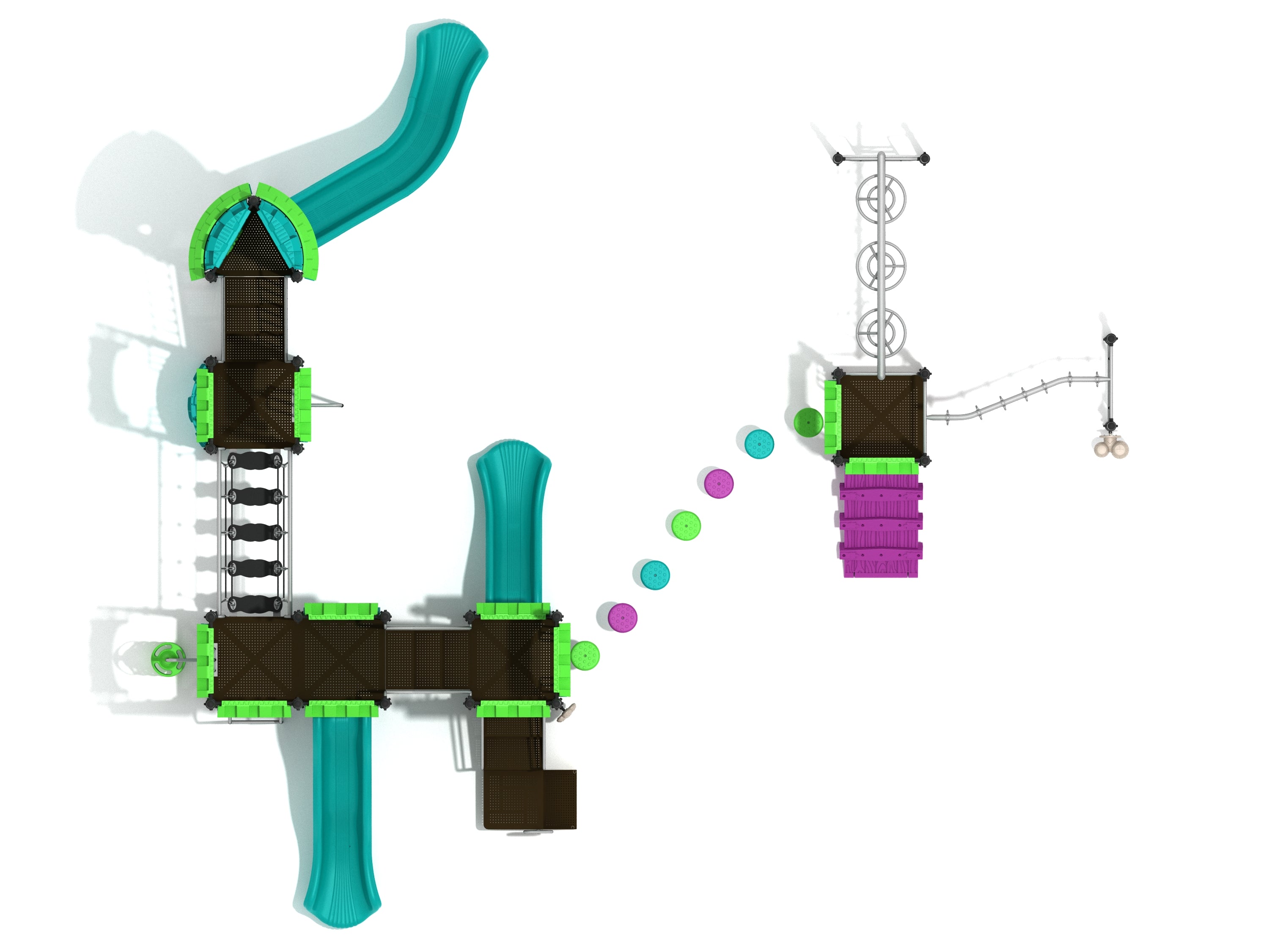 Overhead view of a large castle-inspired playground with slides, climbers, suspension bridge, and colorful stepping pods