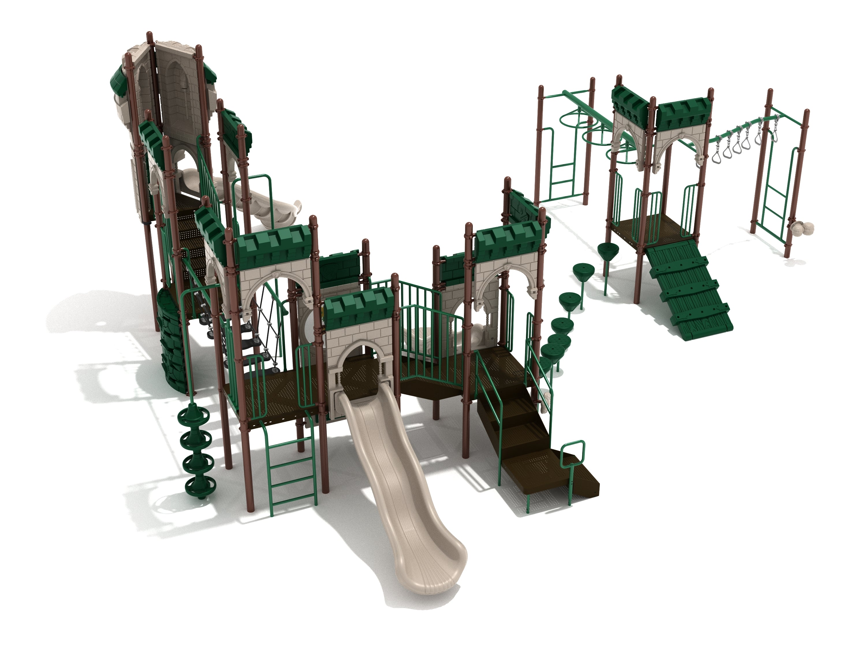 Castle-themed playground with slides, climbing walls, suspension bridge, monkey bars, and stepping pods in green and beige colors.