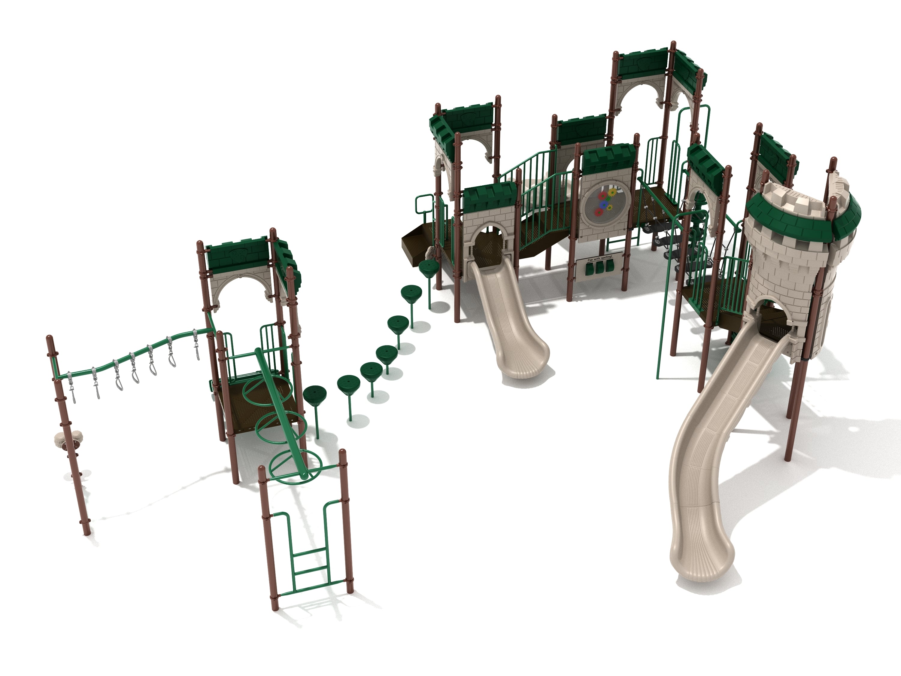 Castle-themed playground with slides, climbing rings, suspension bridge, and interactive panels in green and beige tones.