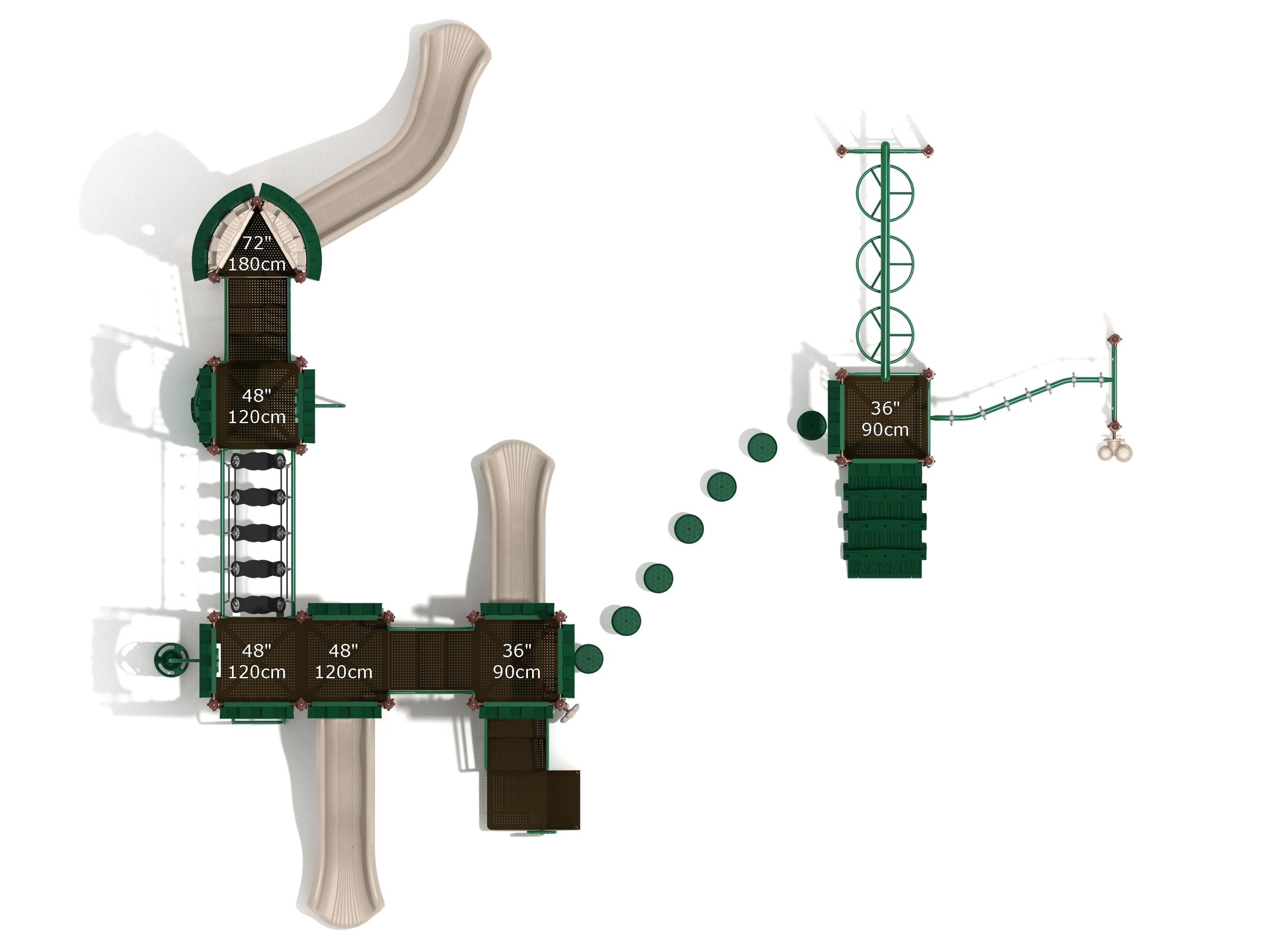 Overhead view of a large green and beige playground with slides, climbers, suspension bridge, and stepping pods