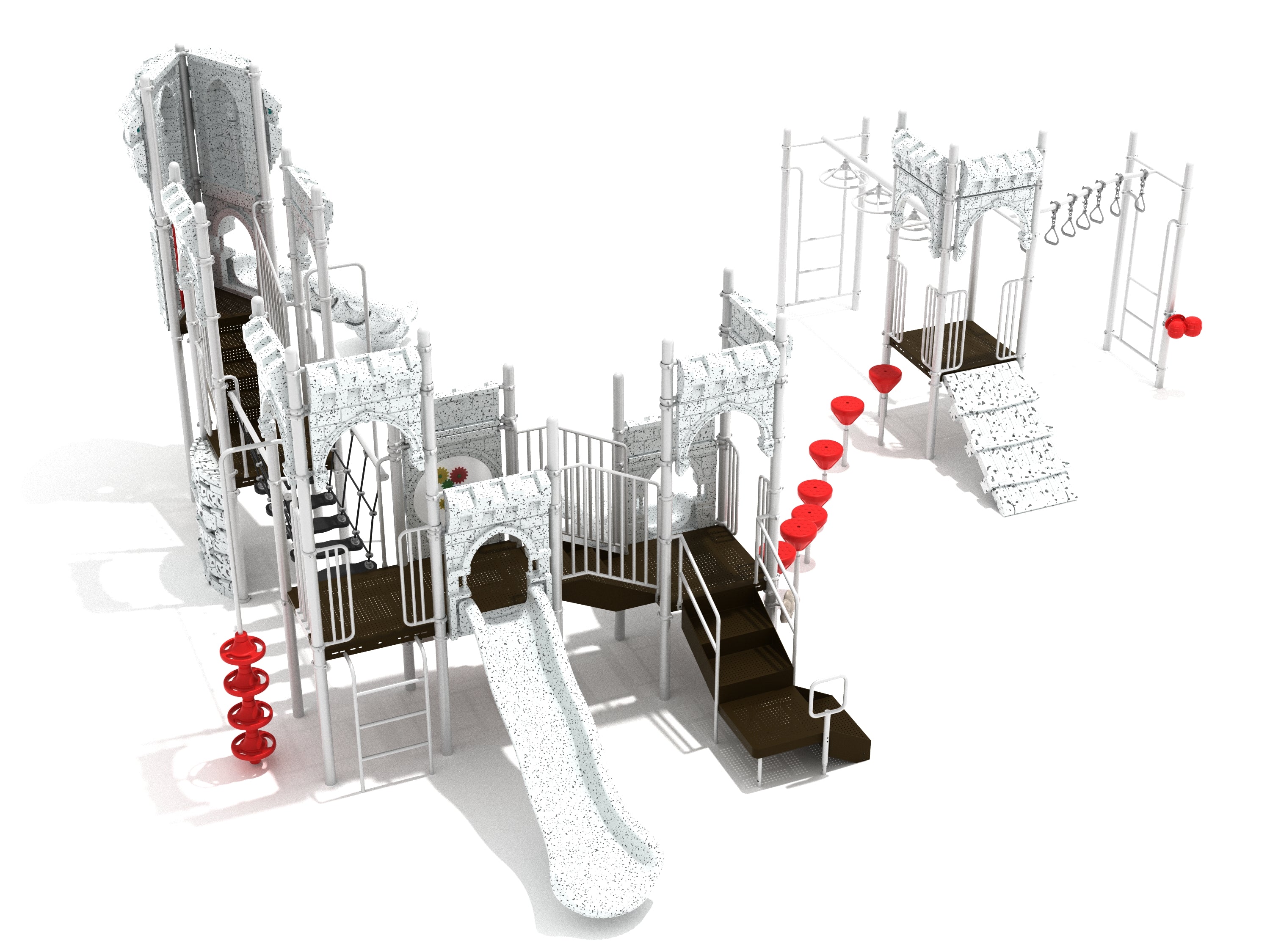 Castle-themed playground with slides, climbing walls, suspension bridge, and red stepping pods from an angled view