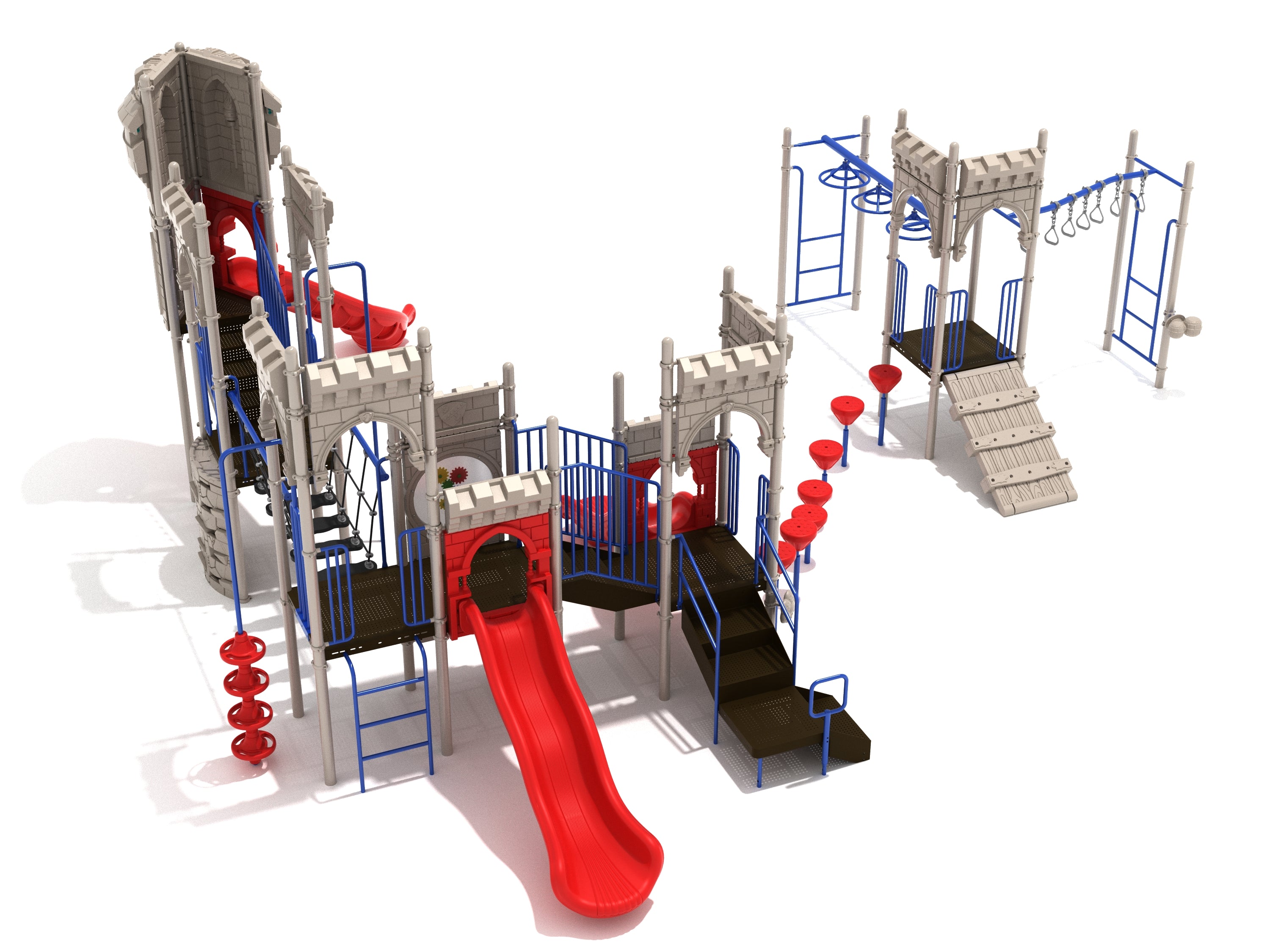 Castle-themed playground with red slides, blue climbing bars, suspension bridge, and various climbing challenges