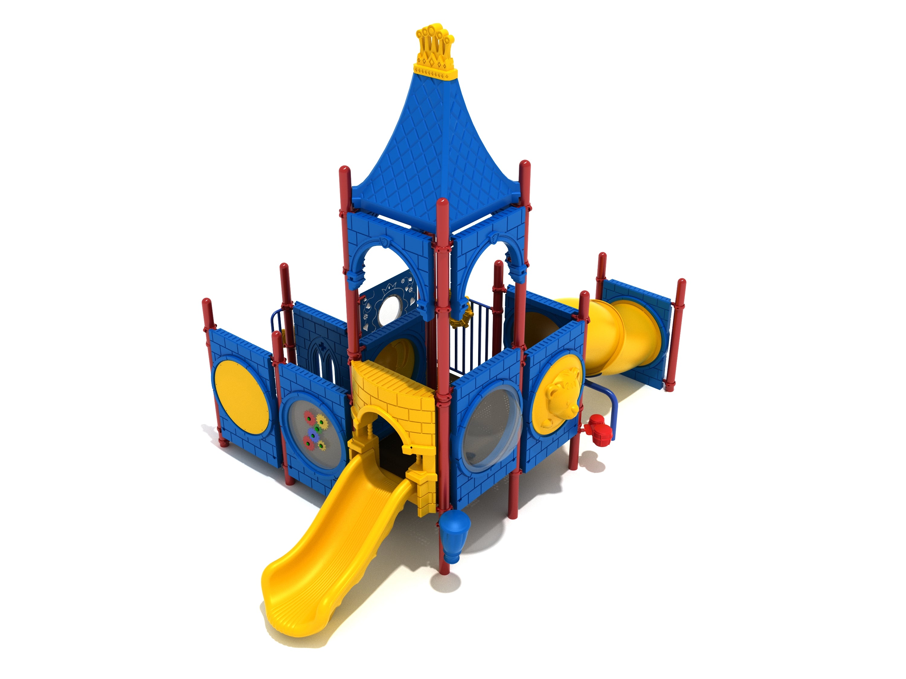 Hall of Kings Playground with blue castle panels, yellow slide, tube tunnel, and interactive King and Queen play features for toddlers
