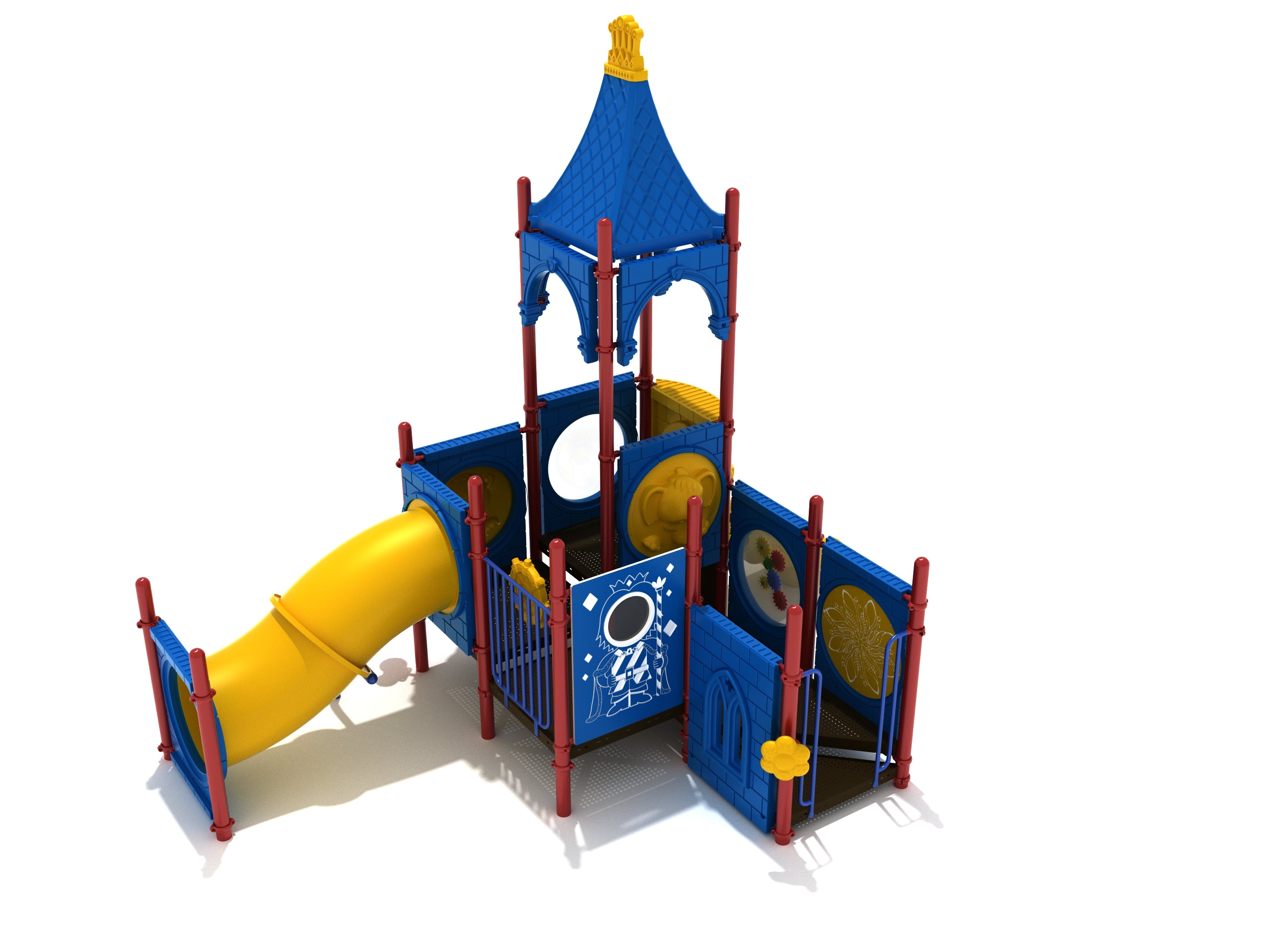 Castle-themed playground with blue panels, red posts, yellow tube slide, and interactive play panels for imaginative play.
