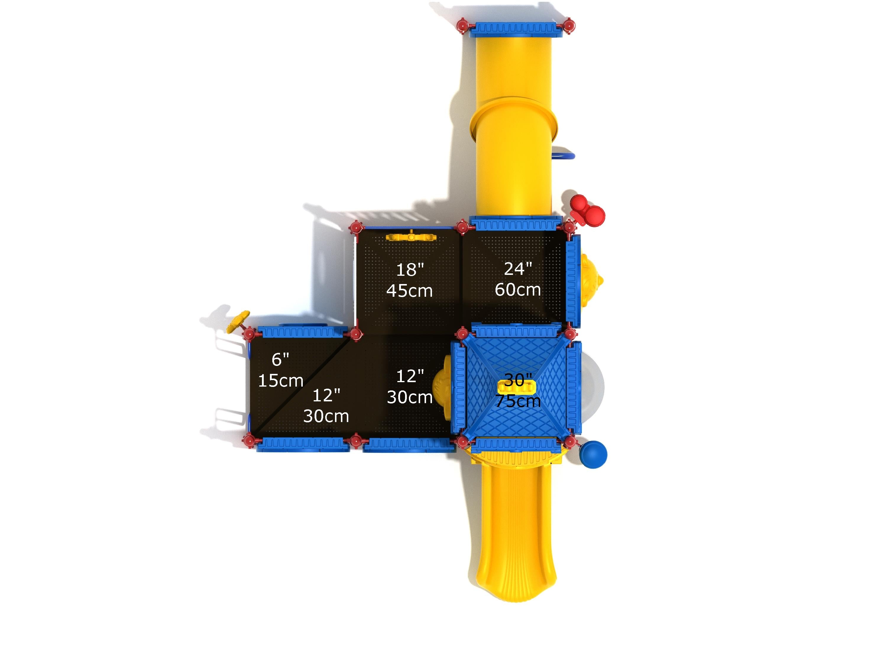 Overhead view of colorful castle-themed playground with yellow slides, blue roofs, interactive play panels, and an incline tube bridge