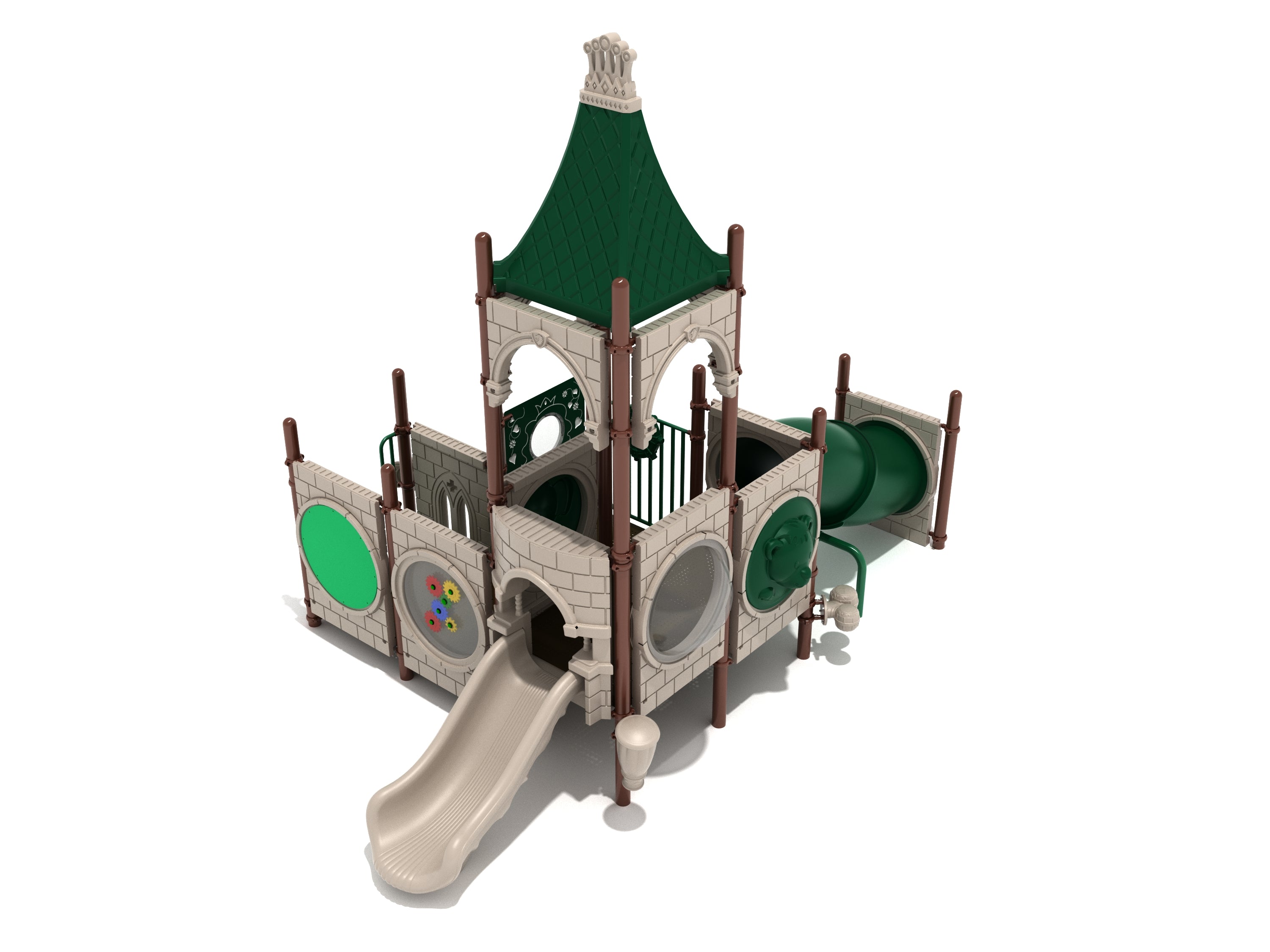 Castle-themed playground with beige slide, green tube tunnel, interactive panels, and pointed green roof for imaginative play.