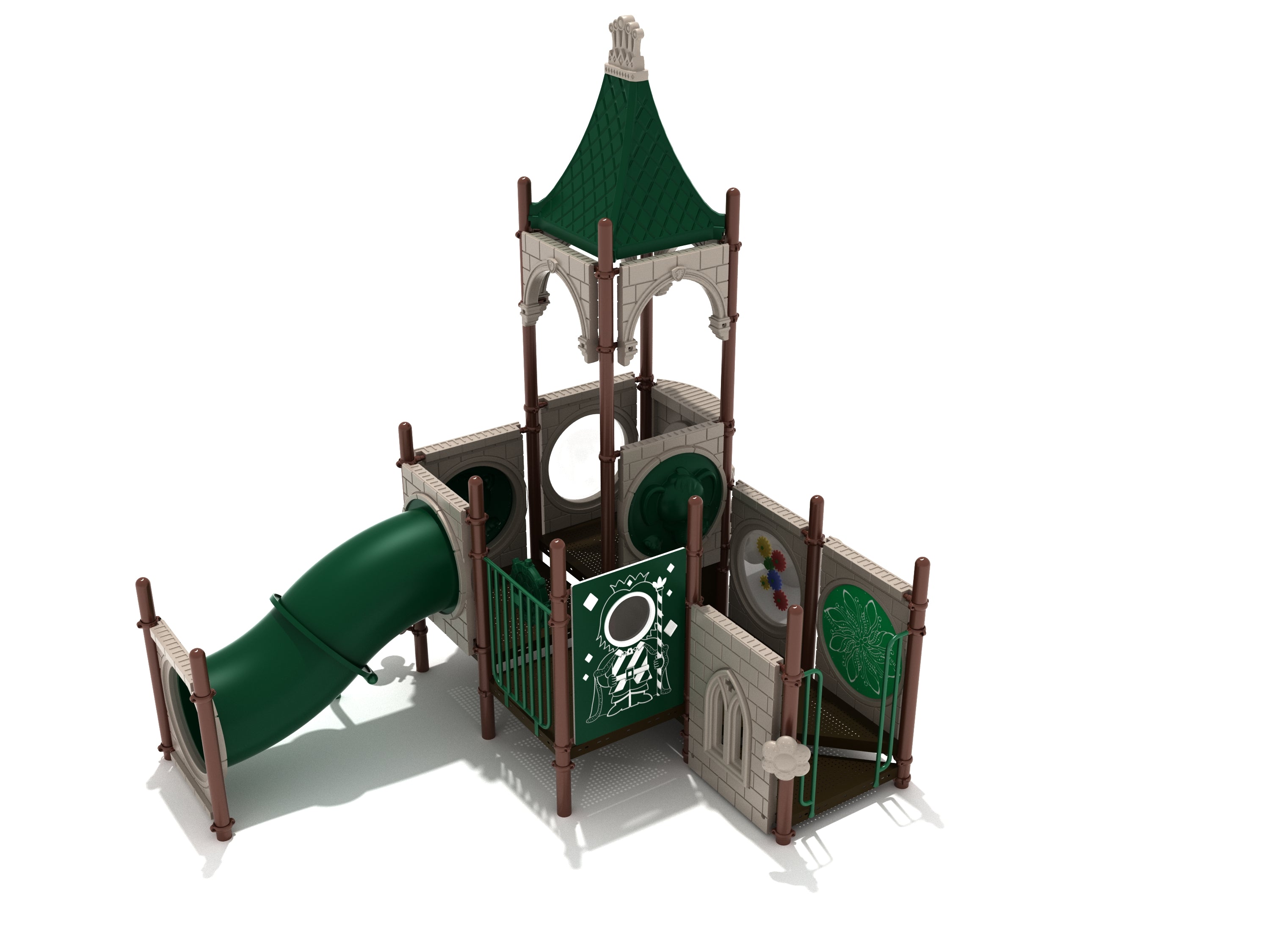 Castle-themed toddler playground with green tube slide, interactive panels, tower roof, and incline tube bridge for imaginative play