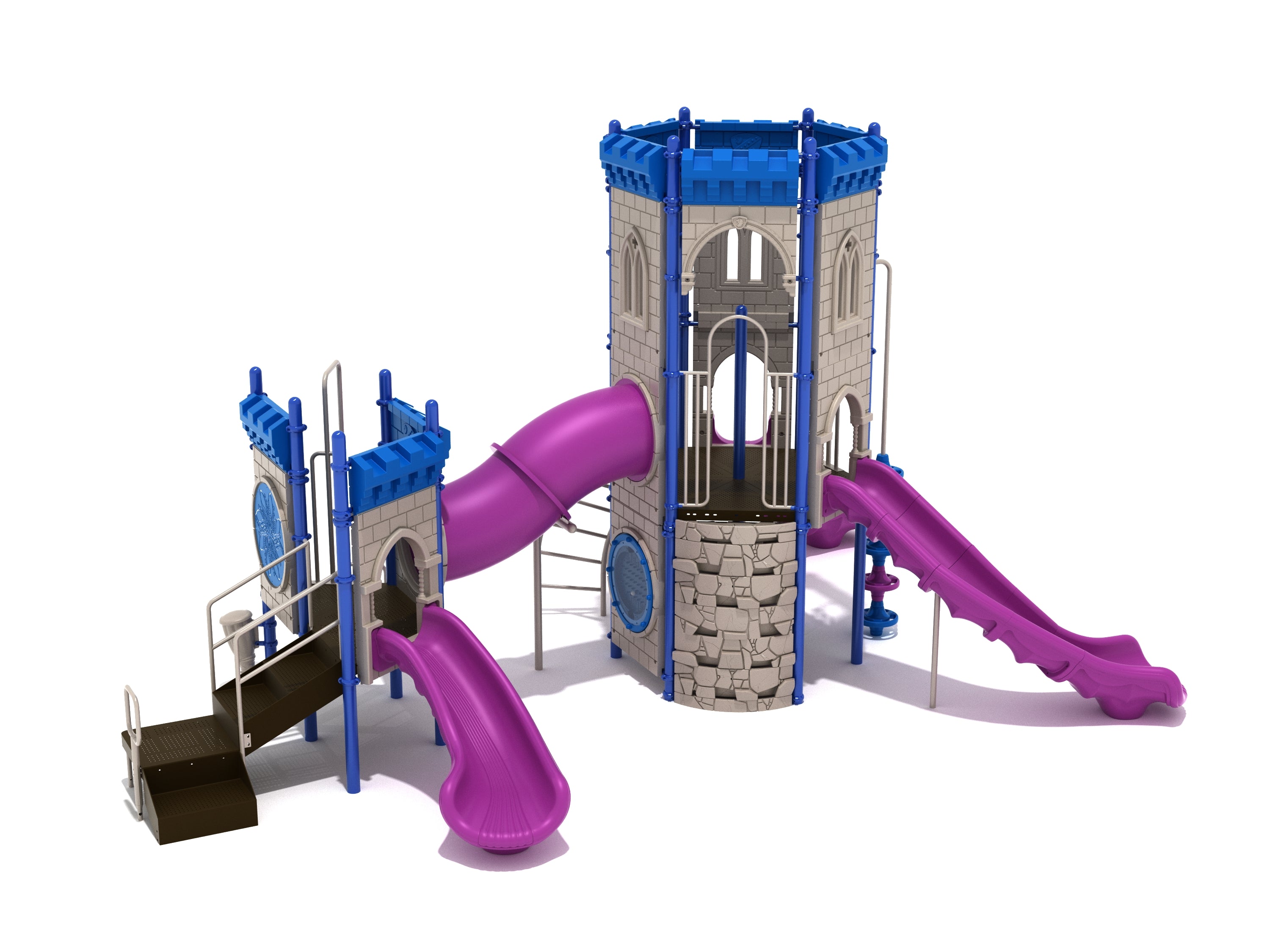Rightful Reign Playground with castle-themed towers, purple slides, climbing features, accessible play elements, and interactive game panels
