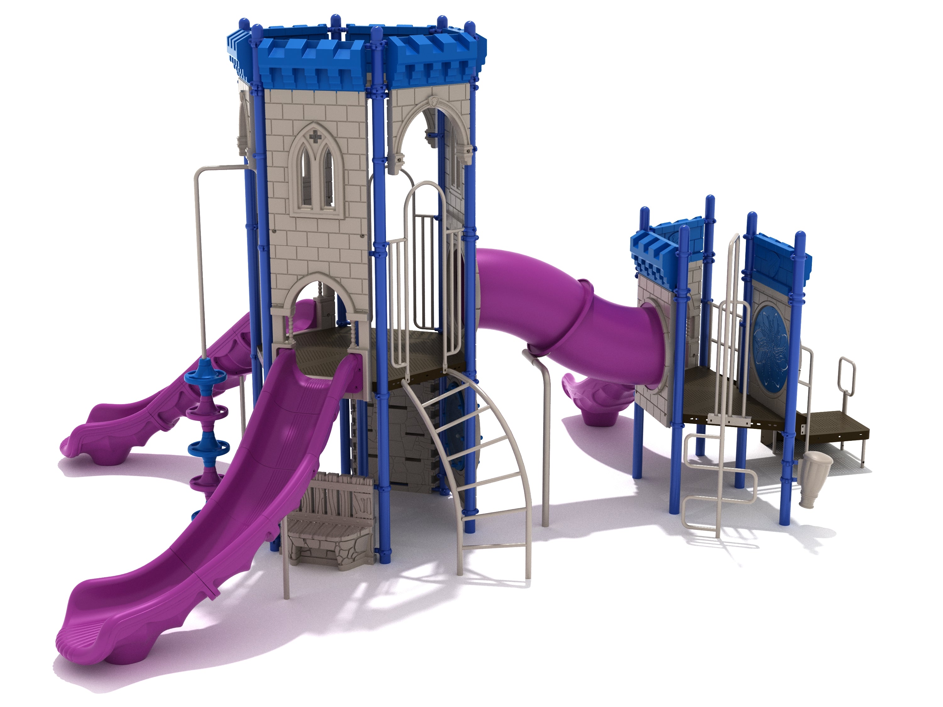 Castle-themed playground with blue turrets, purple slides, climbing bars, and interactive play panels