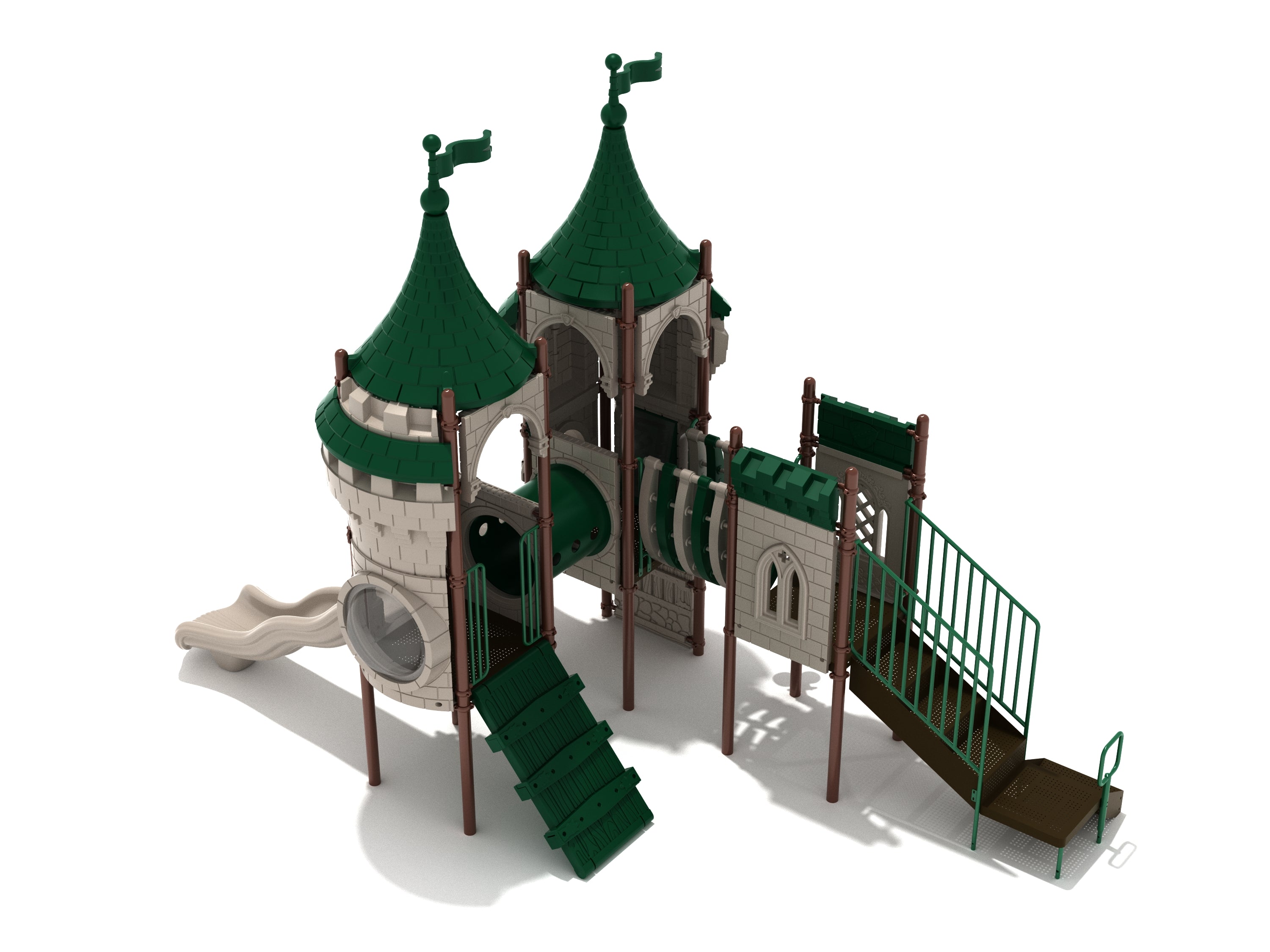 Castle-themed playground with green conical roofs, tube and bones bridges, slides, climbing elements, and musical play panels