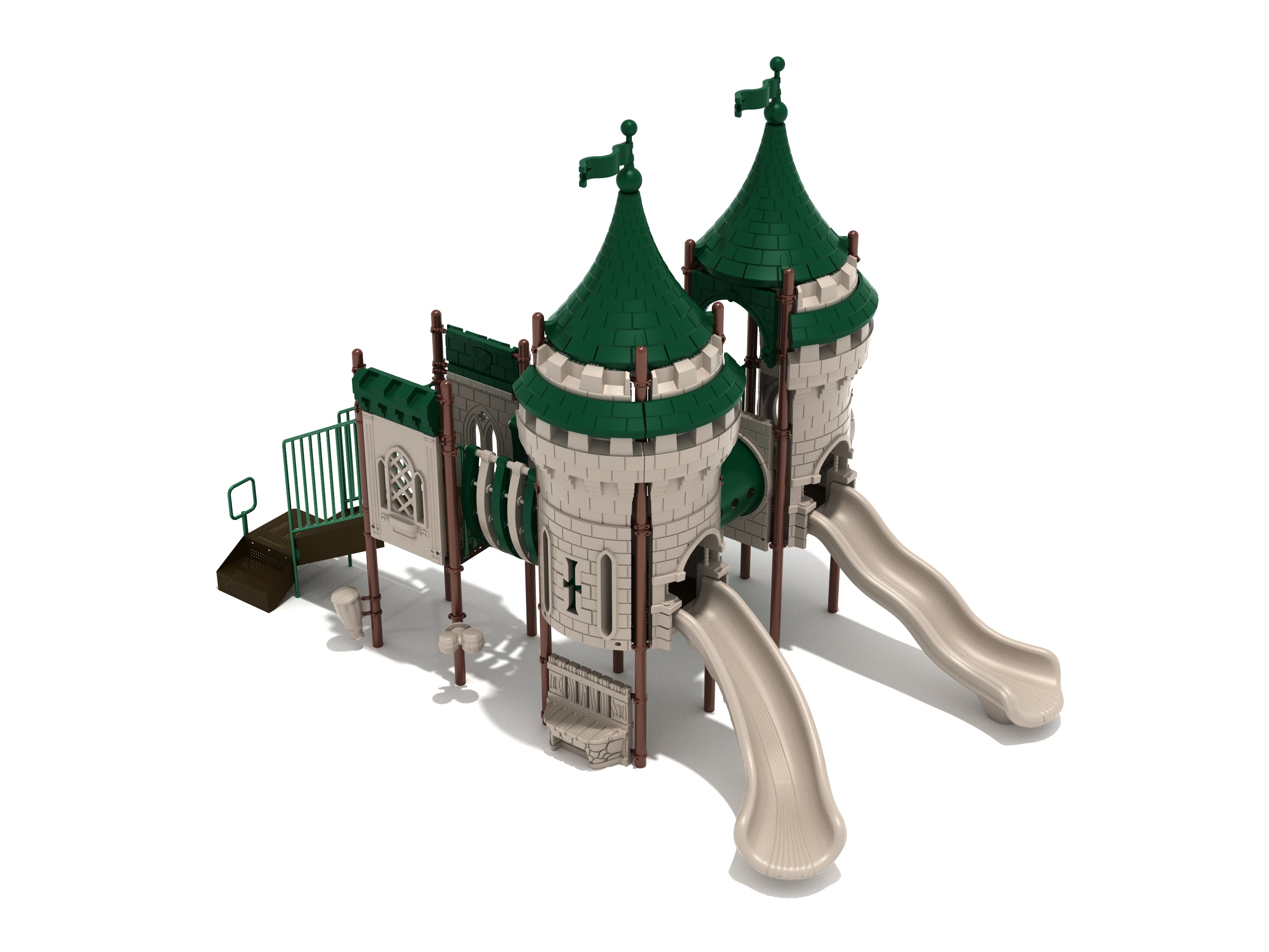 Castle-themed playground with two green-roofed towers, connected bridges, beige slides, and interactive play panels.