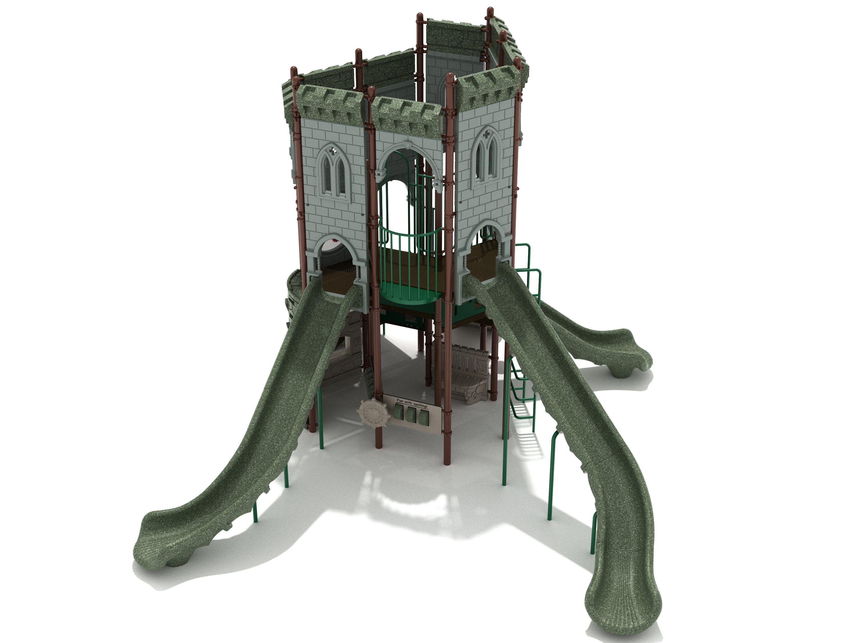 League of Luck Playground large castle-themed play system with green slides, climbing ladders, interactive gear and balcony panels, and imaginative play features