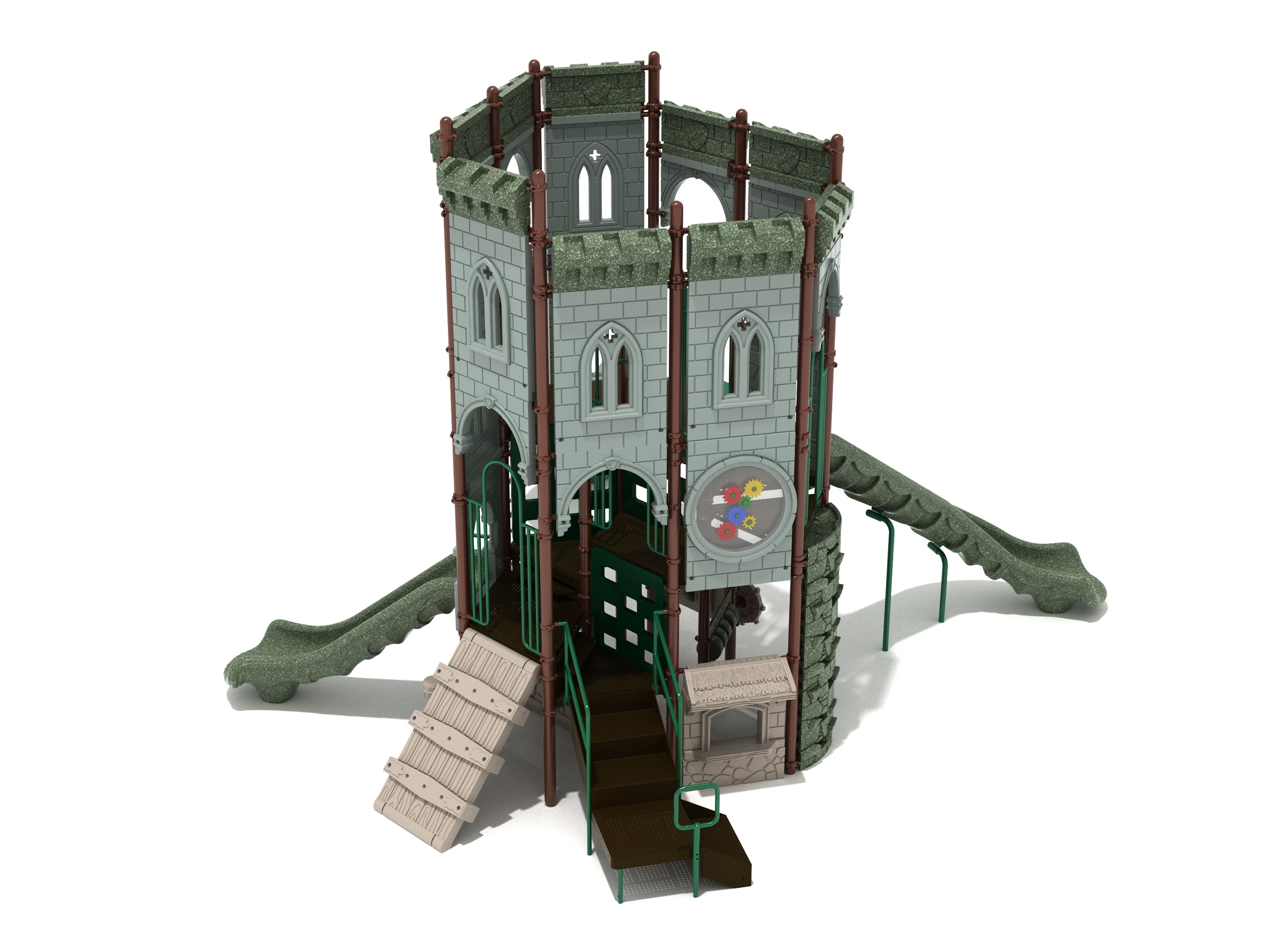 Castle-themed playground with climbers, slides, gear panel, playhouse elements in green and brown tones