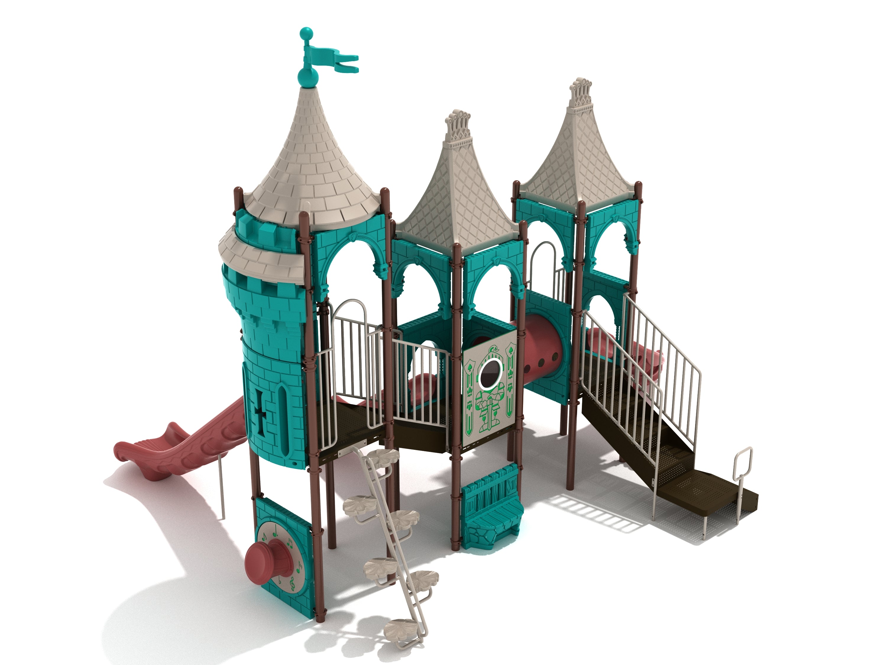 Bravery Helm Playground large play system with castle-themed towers, slides, climbing elements, interactive panels, and enclosed bridge
