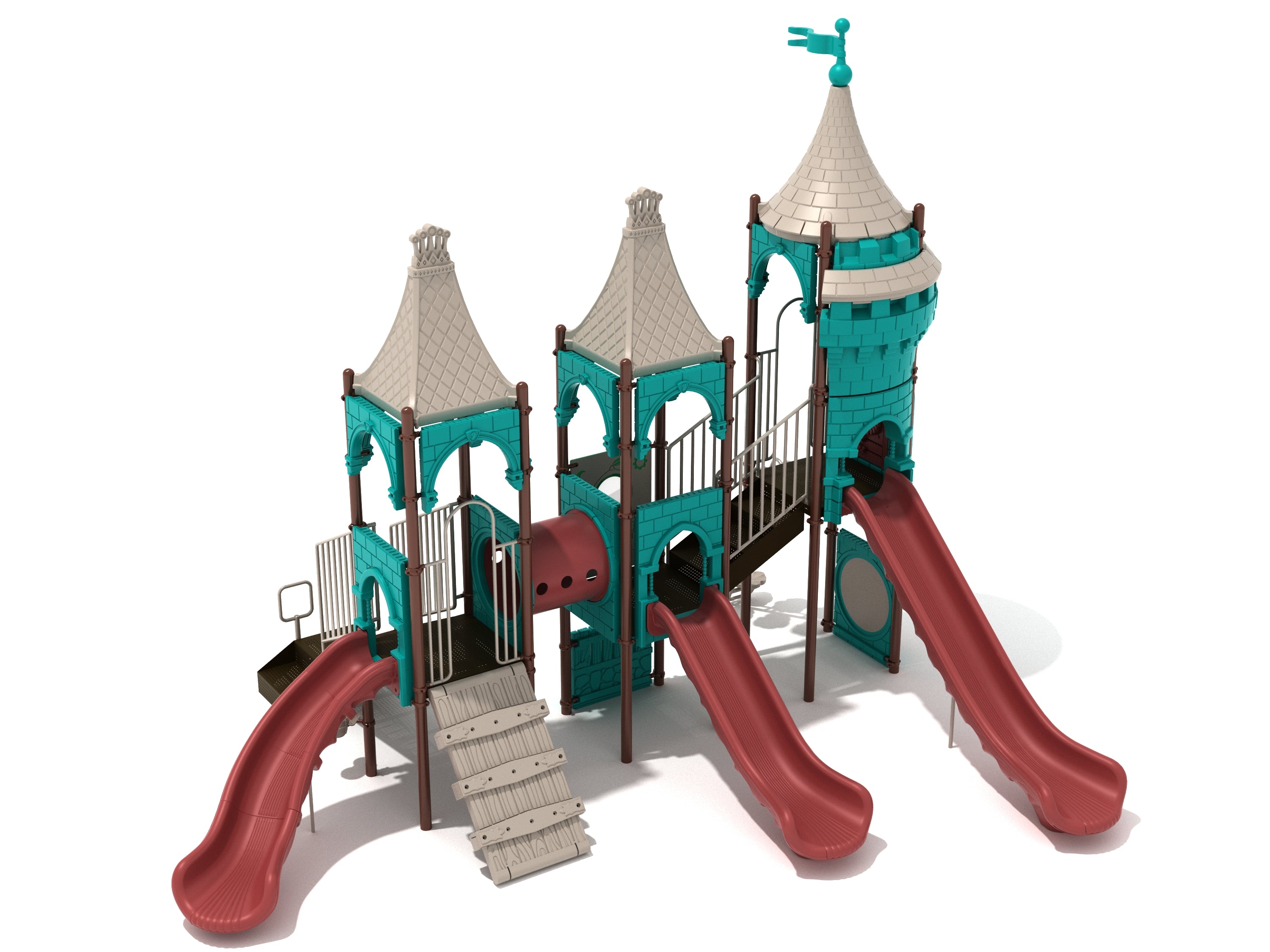 Castle-themed playground structure with three towers, teal panels, beige roofs, and three red slides, featuring walkways and interactive play elements.