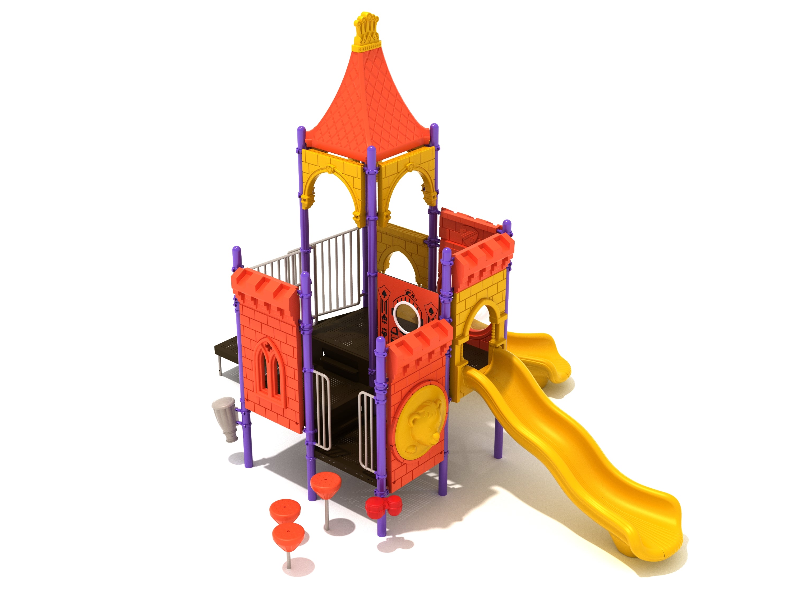 Colorful castle-themed playground with slides, climbing steps, knight and bear panels, musical elements, and decorative medieval motifs
