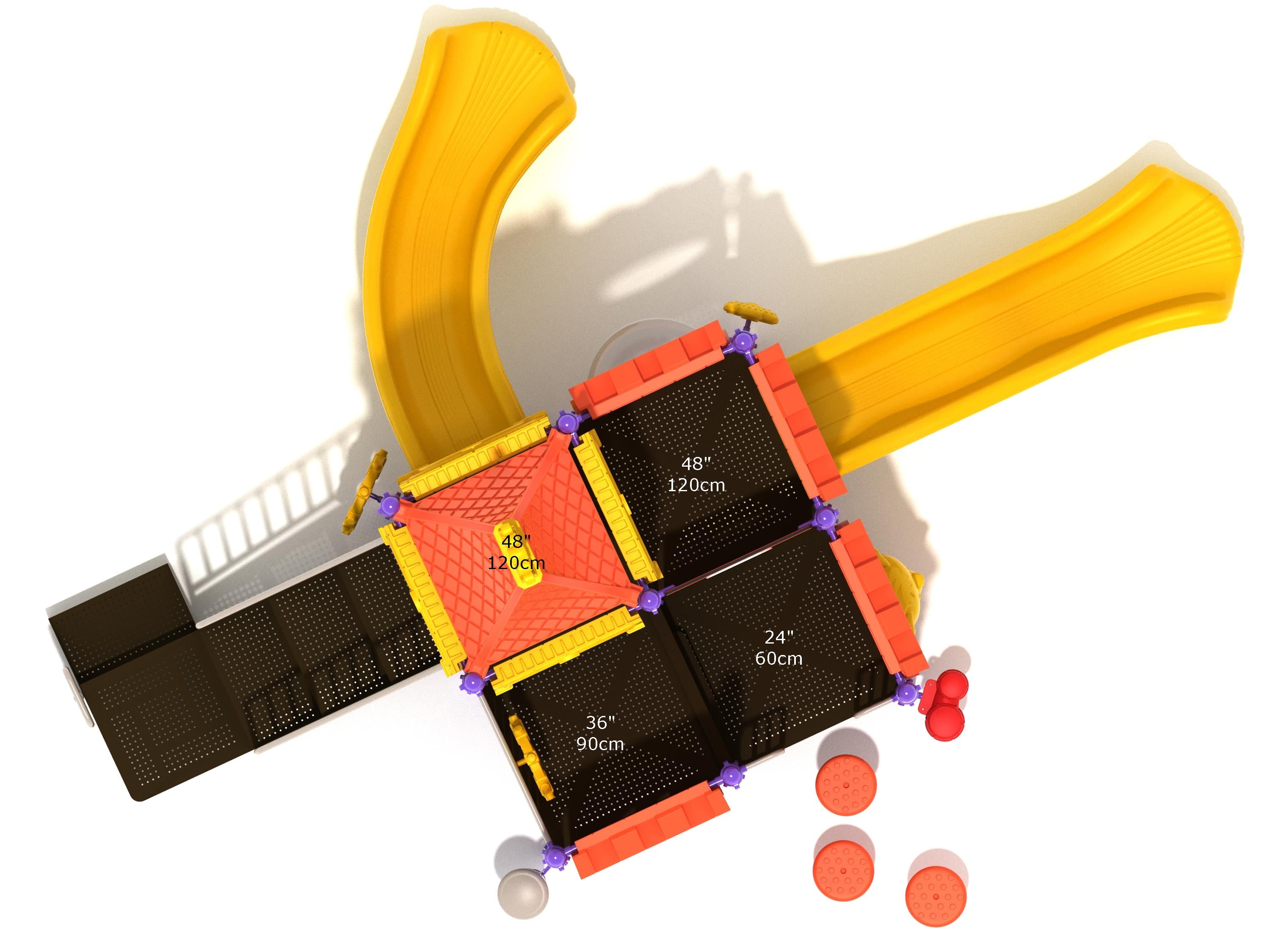 Overhead view of colorful castle-themed playground with slides, climbing platforms, musical elements, and interactive panels