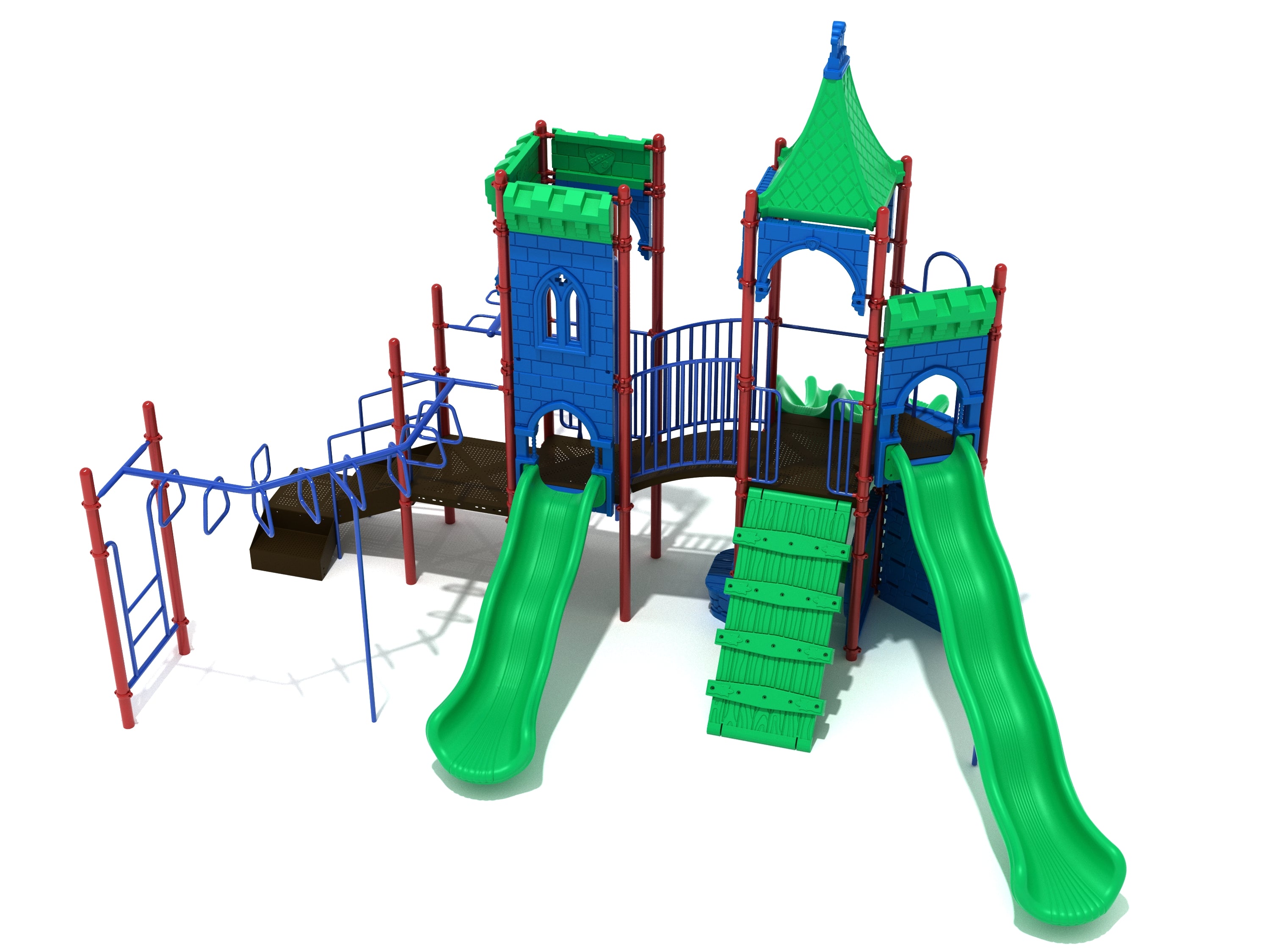 Forbidden Fortune Playground with castle-themed blue and green climbers, slides, monkey bars, and interactive ground-level play features