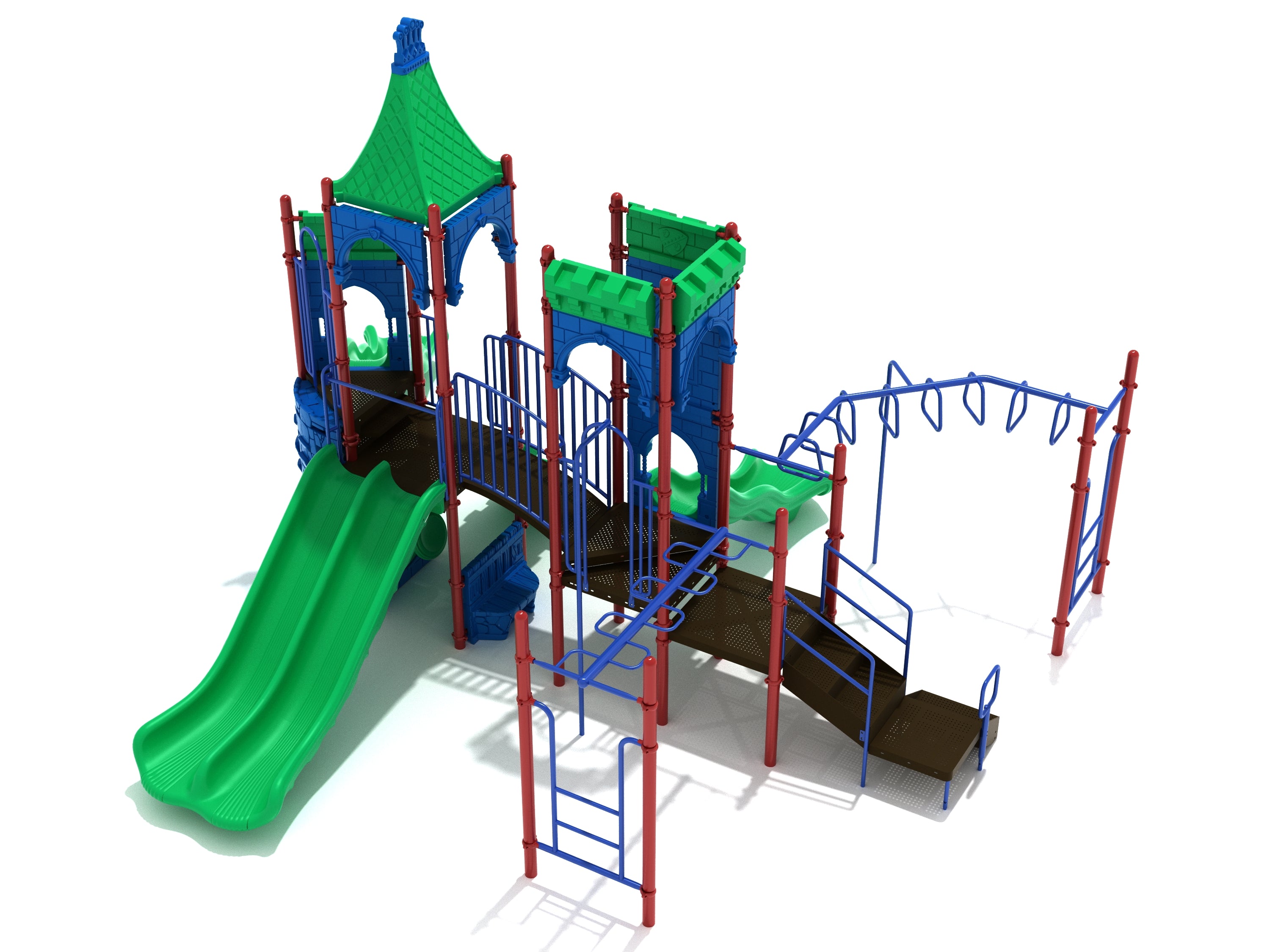 Colorful commercial playground with green slides, blue climbing structures, red support poles, and elevated platforms