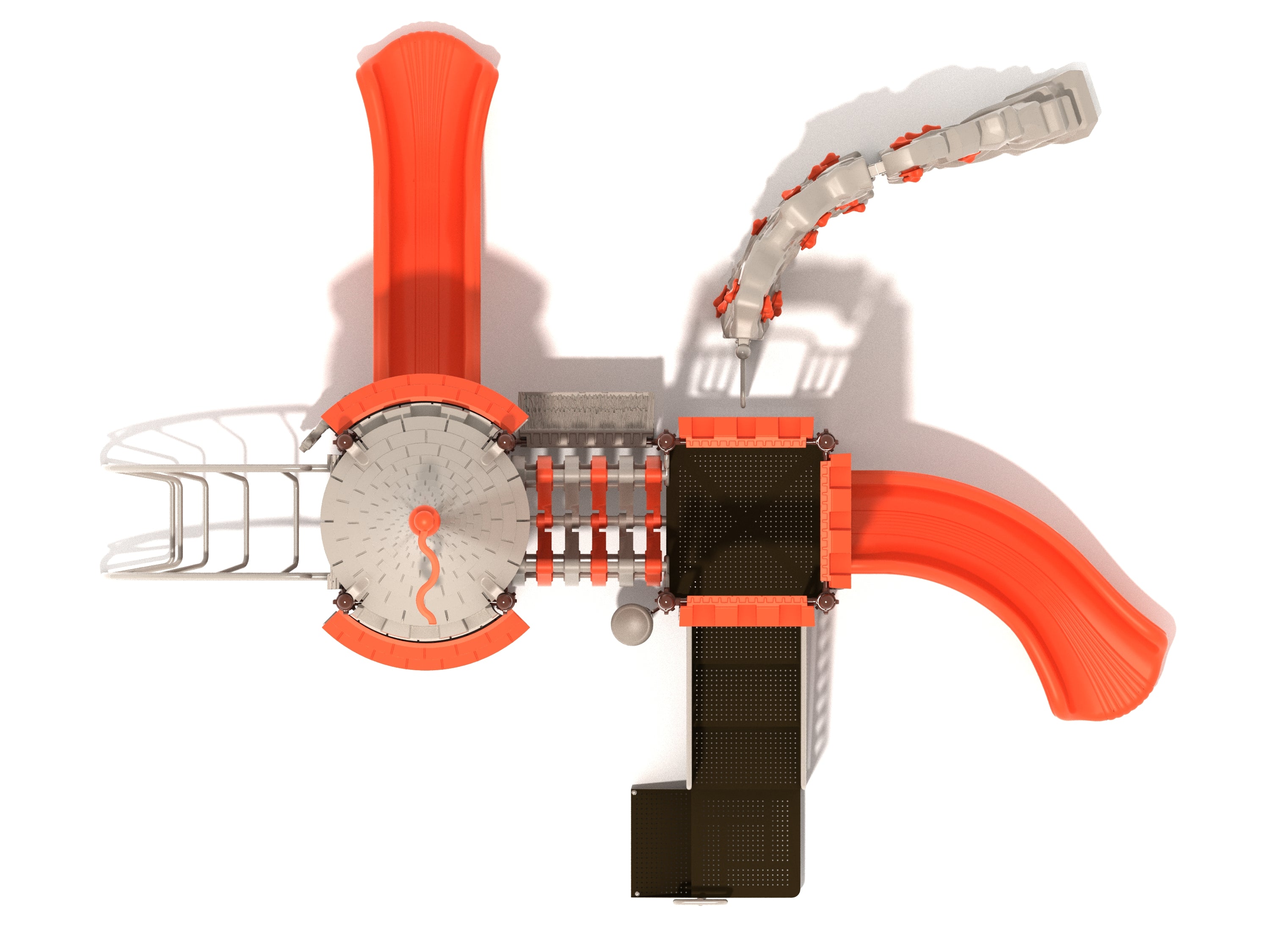 Overhead view of castle-themed playground with orange slides, round turret roof, climbing structures, and connecting bridge