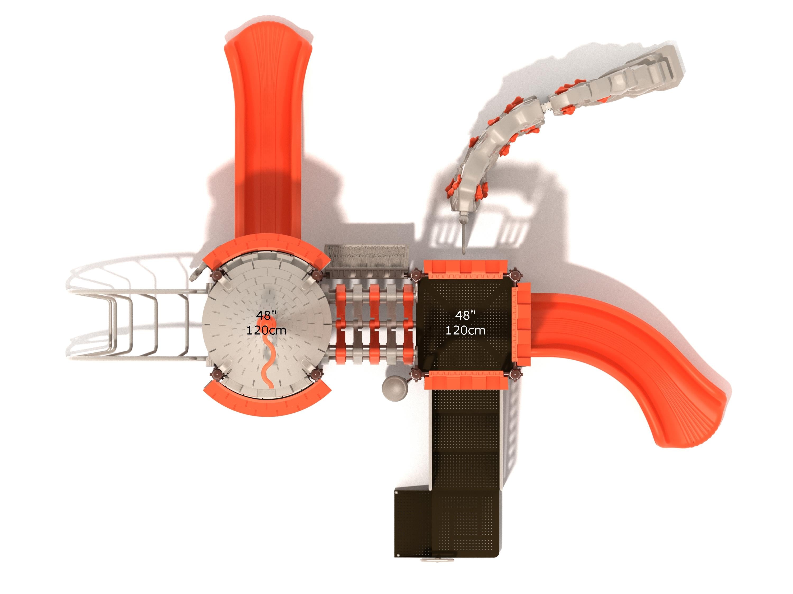 Overhead view of castle-themed playground with orange slides, round turret roof, climbers, activity panels, and whimsical bridge