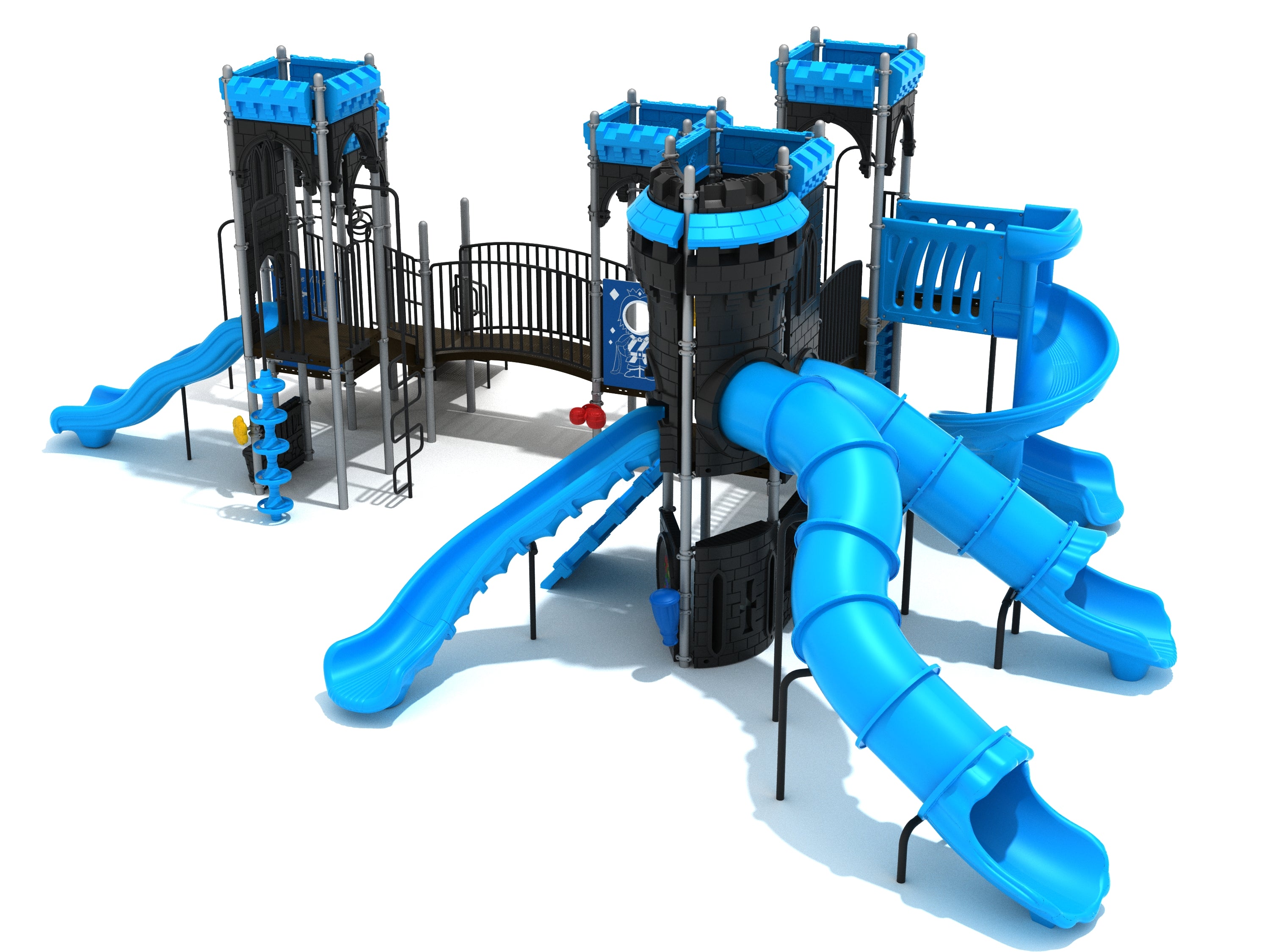 Secret Stronghold Playground with castle towers, blue slides, bridges, climbers, and interactive play panels for active outdoor fun