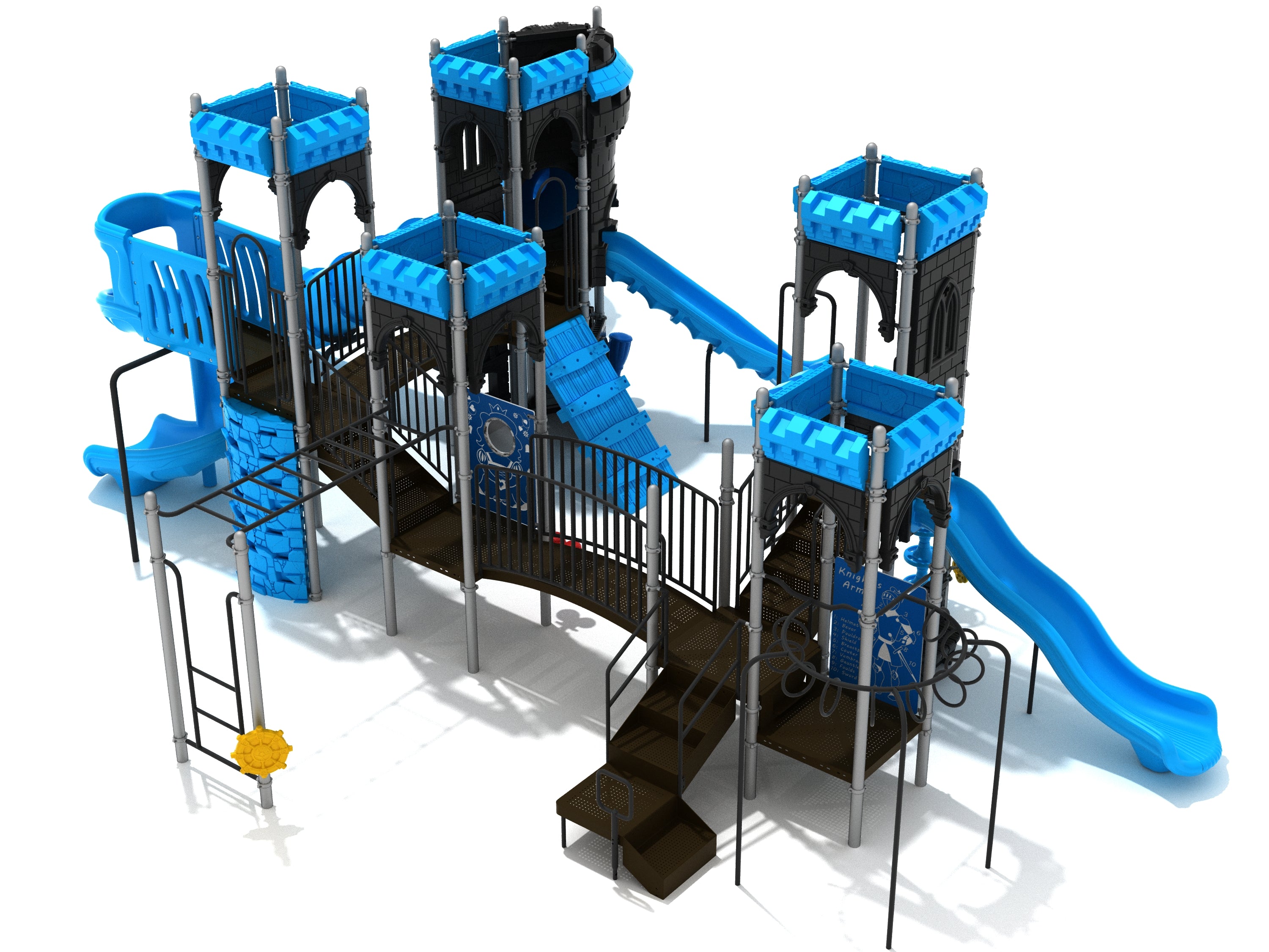 Castle-themed playground with blue slides, climbing walls, bridges, and interactive panels for active, imaginative play